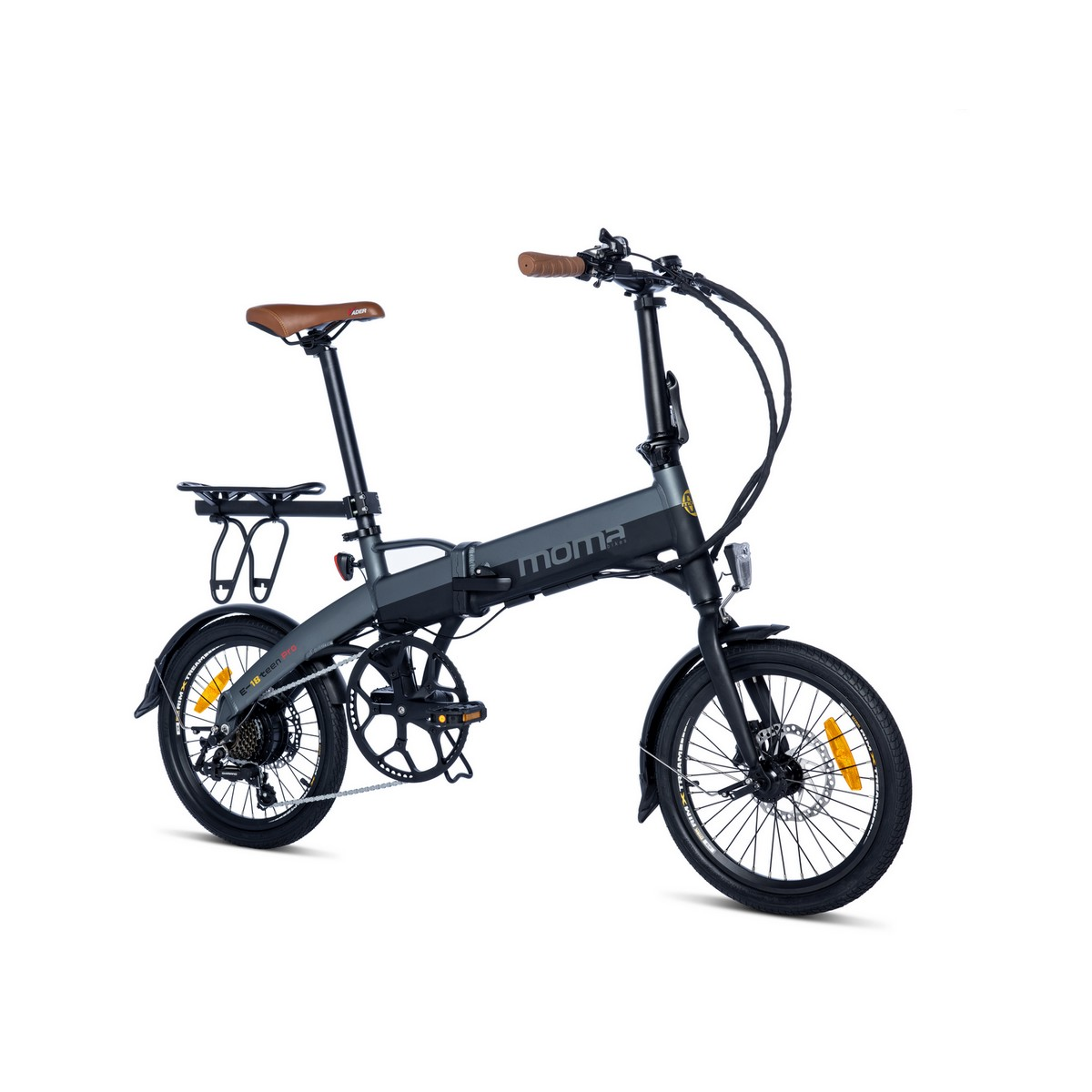 Bicicletta elettrica pieghevole nera e grigia, vista frontalmente. Su sfondo bianco.