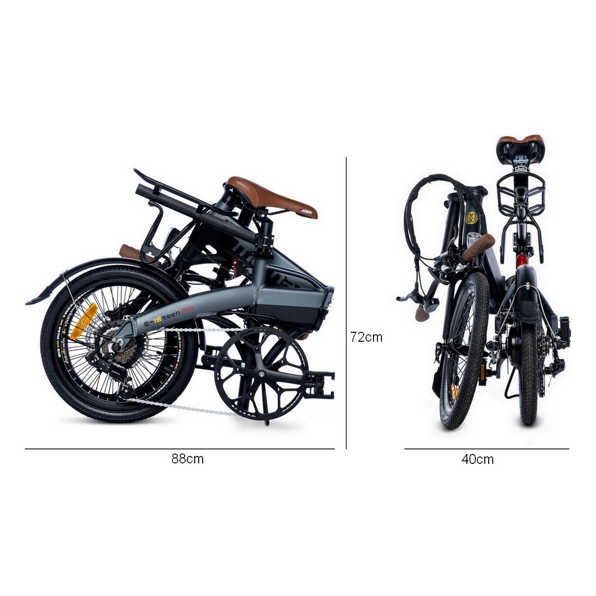 Una bici elettrica pieghevole nera e grigia è visualizzata. Le dimensioni sono indicate. È visibile un sedile marrone.