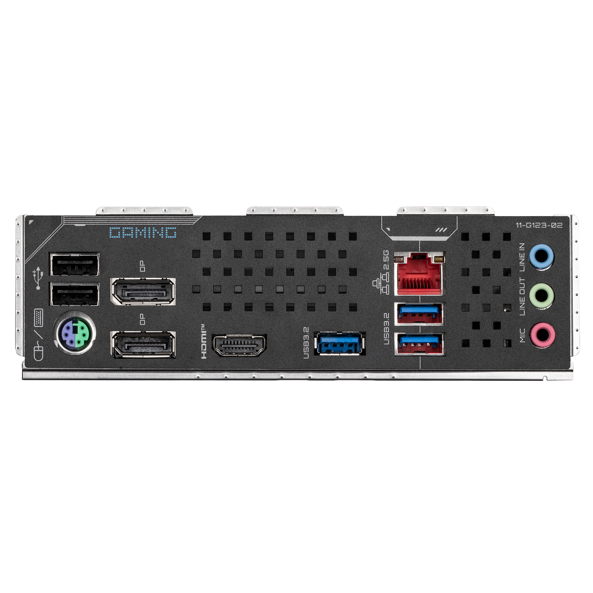 Panel tylny płyty głównej z portami i złączami, na białym tle.