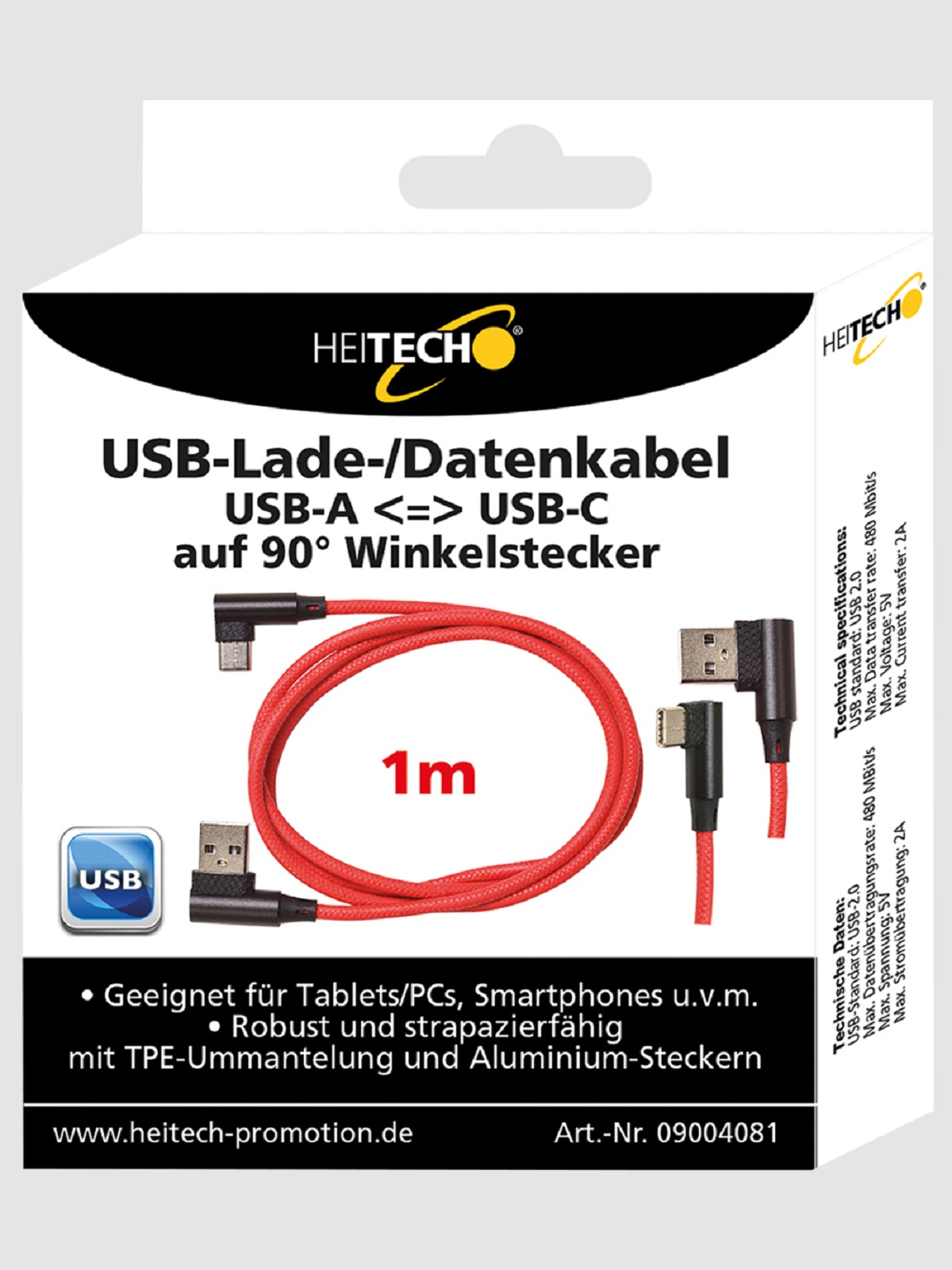 Box mit USB-A-zu-USB-C-Kabel. Rotes Kabel im Inneren aufgerollt.