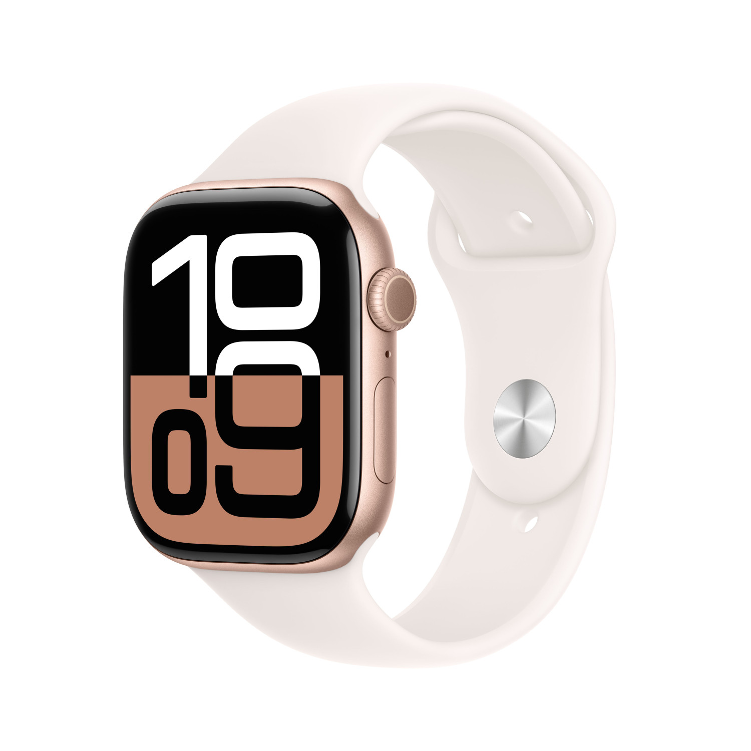 Apple Watch oro con cinturino bianco, mostra l'ora. Display digitale.