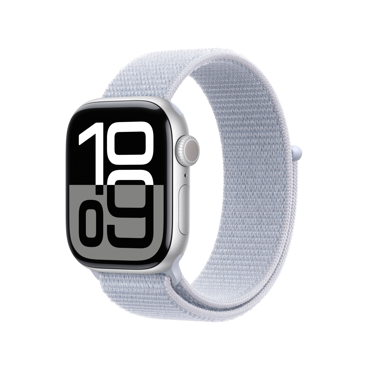 Un Apple Watch Series 8 con cinturino in tessuto azzurro, vista angolata, sfondo bianco.