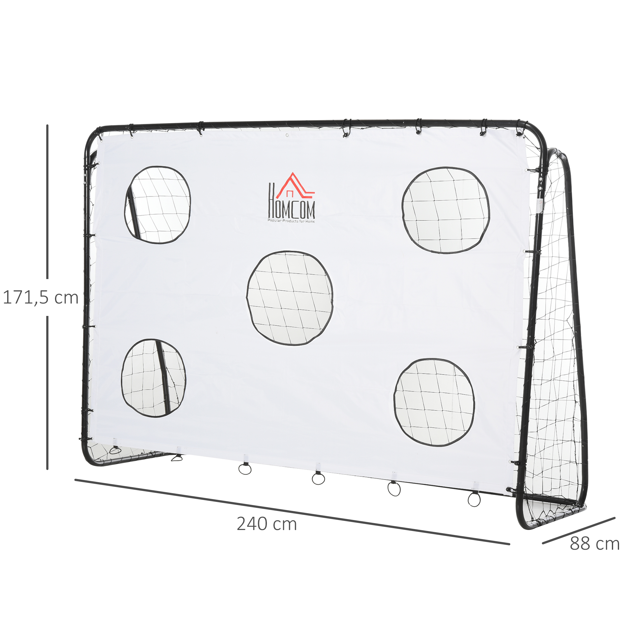 Una portería de fútbol con una red blanca y un telón de fondo blanco con círculos recortados para practicar el tiro al blanco.