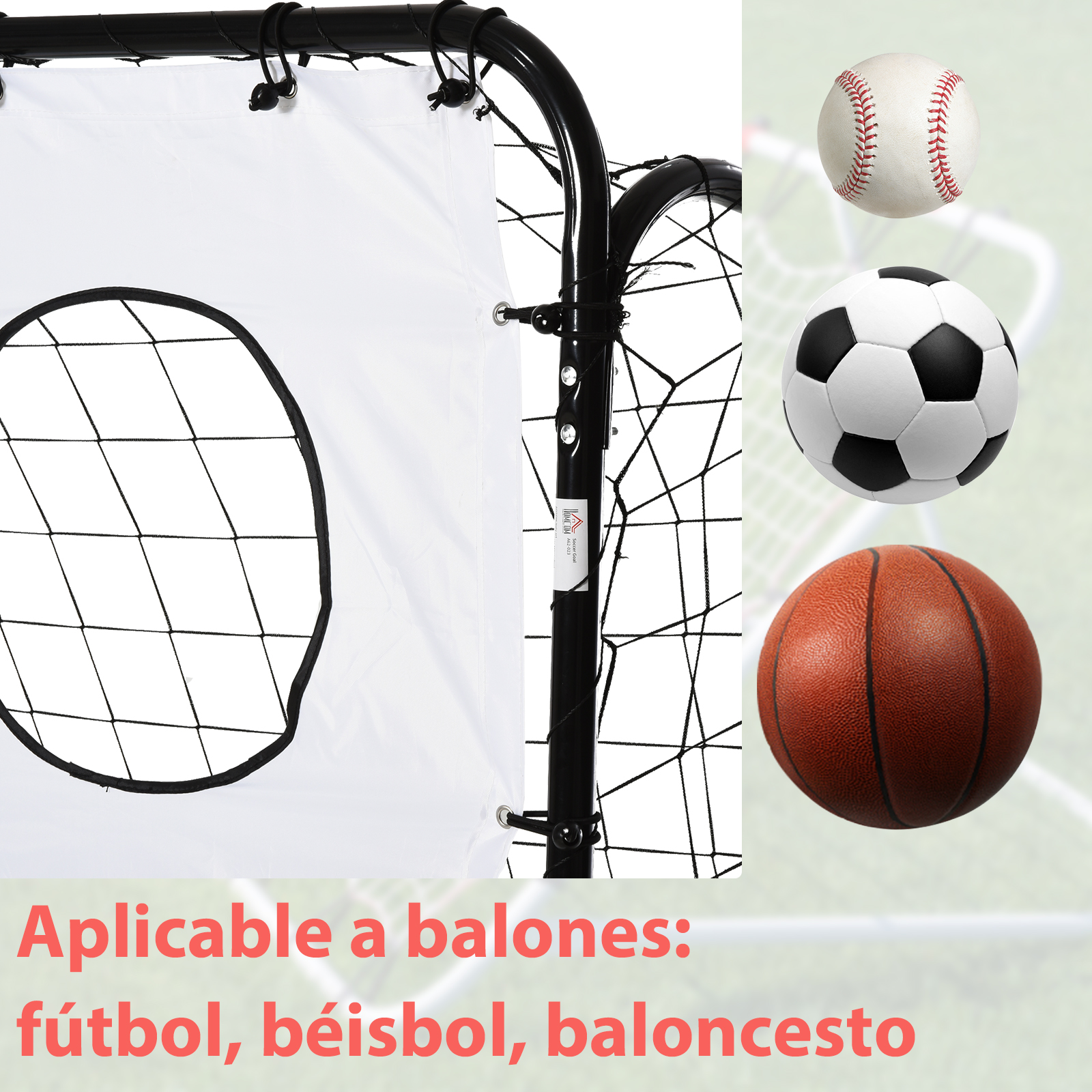 Red deportiva con fútbol, béisbol y baloncesto. Texto: Aplicable a balones.
