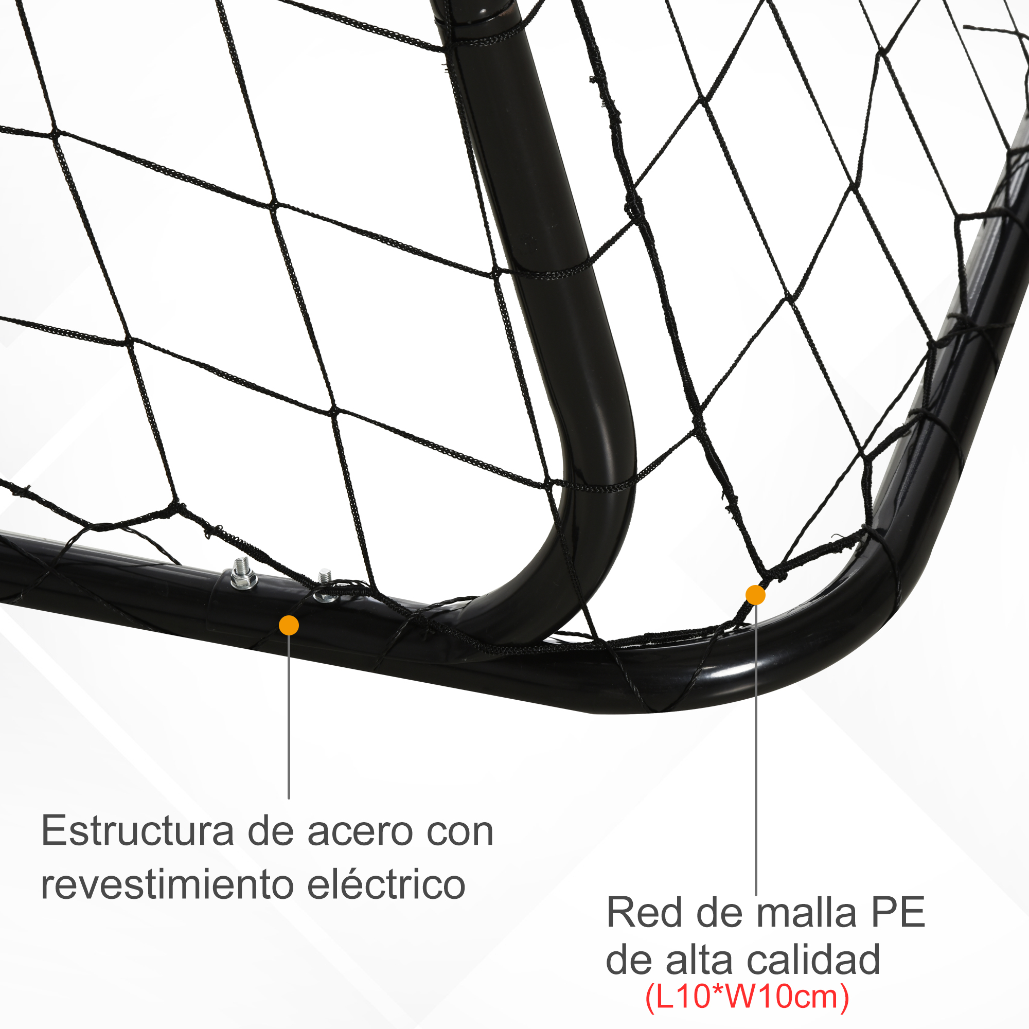 Un marco negro de red de fútbol. La red es negra. El marco es de acero eléctrico con una red de malla PE, L10*W10cm.