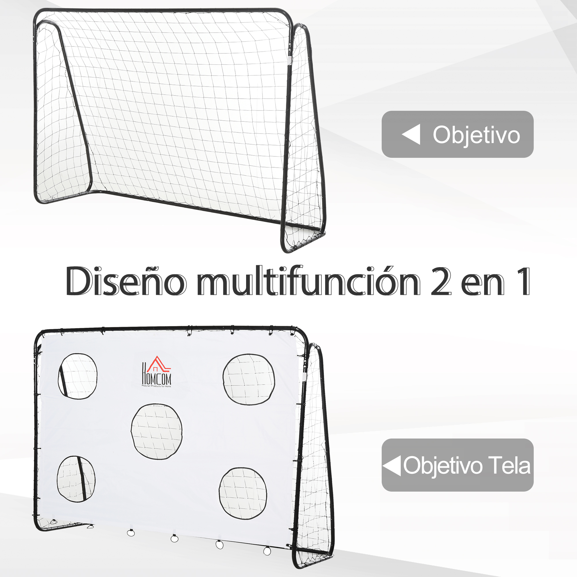 Un conjunto de portería de fútbol con dos opciones: una portería de red y una lona de objetivo.