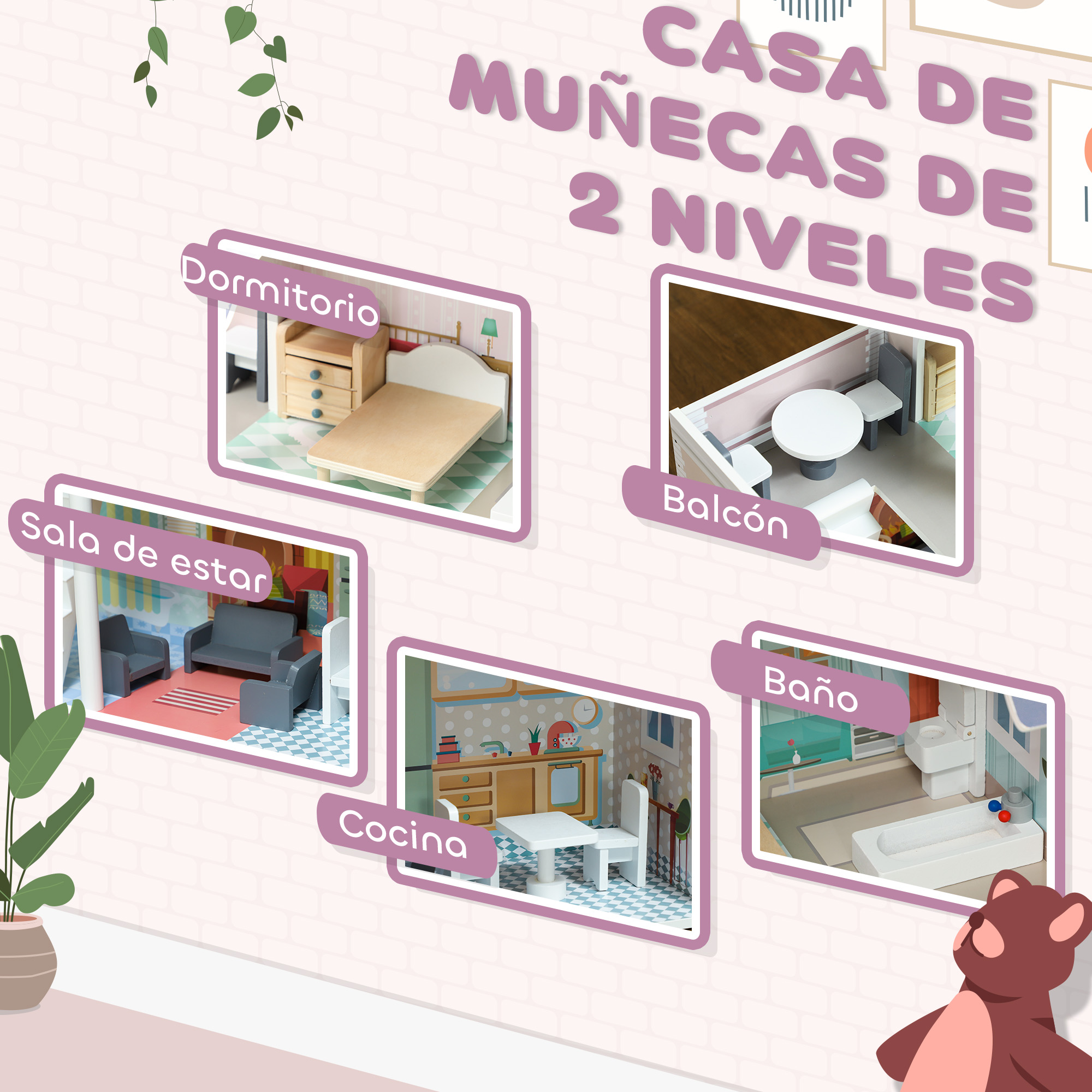 Casa de muñecas con habitaciones: dormitorio, sala, cocina, balcón, baño.