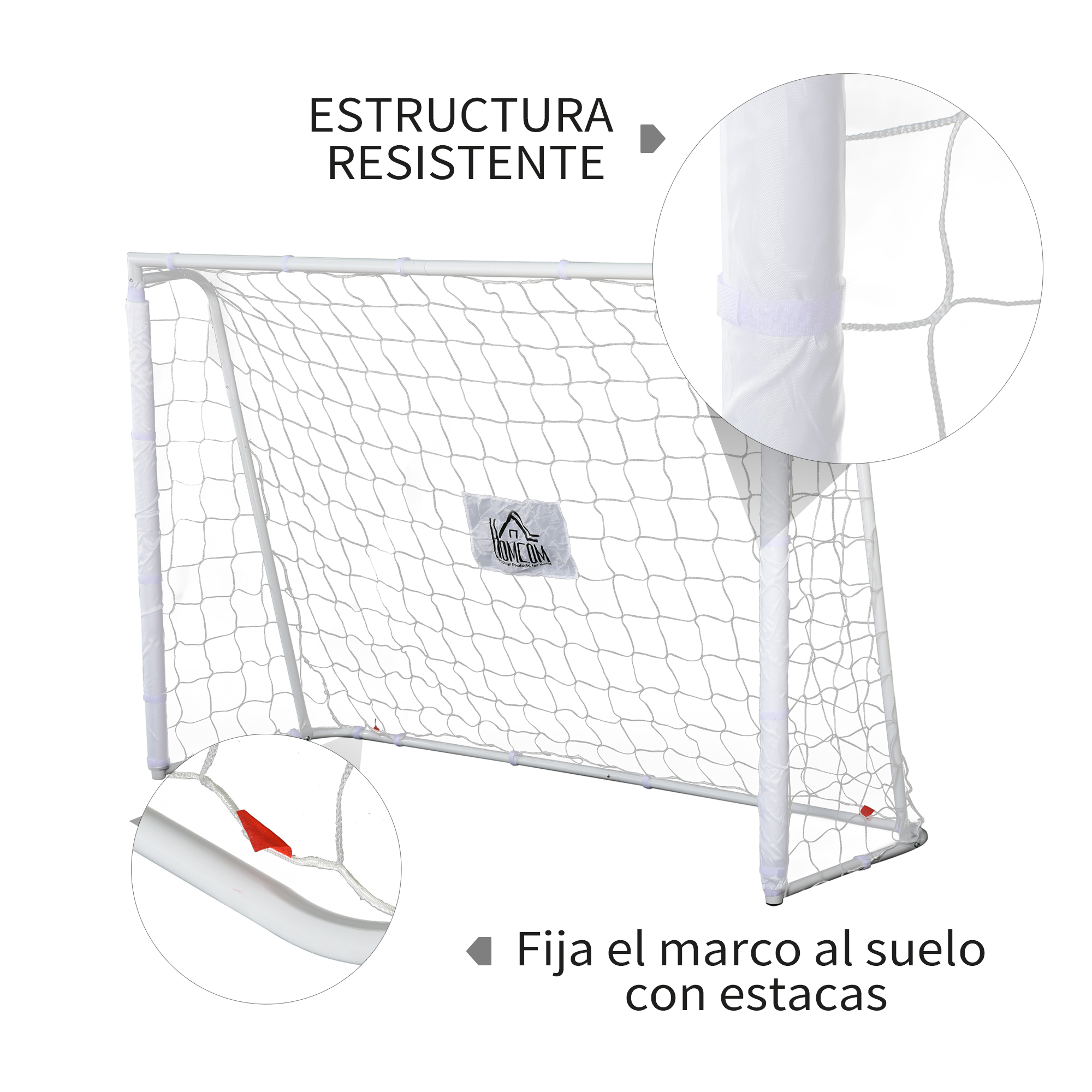 Portería de fútbol blanca con red, con primeros planos que muestran detalles y estacas.