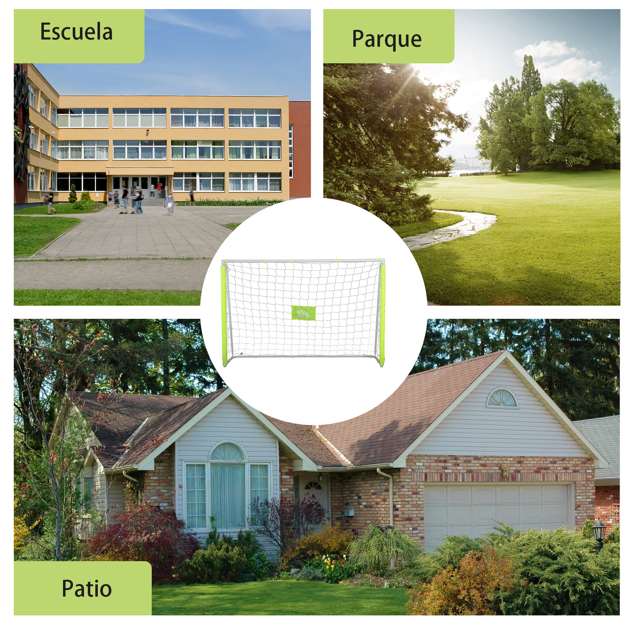 Collage de escuela, parque y casa con portería en el centro. Etiquetas marcan cada uno.