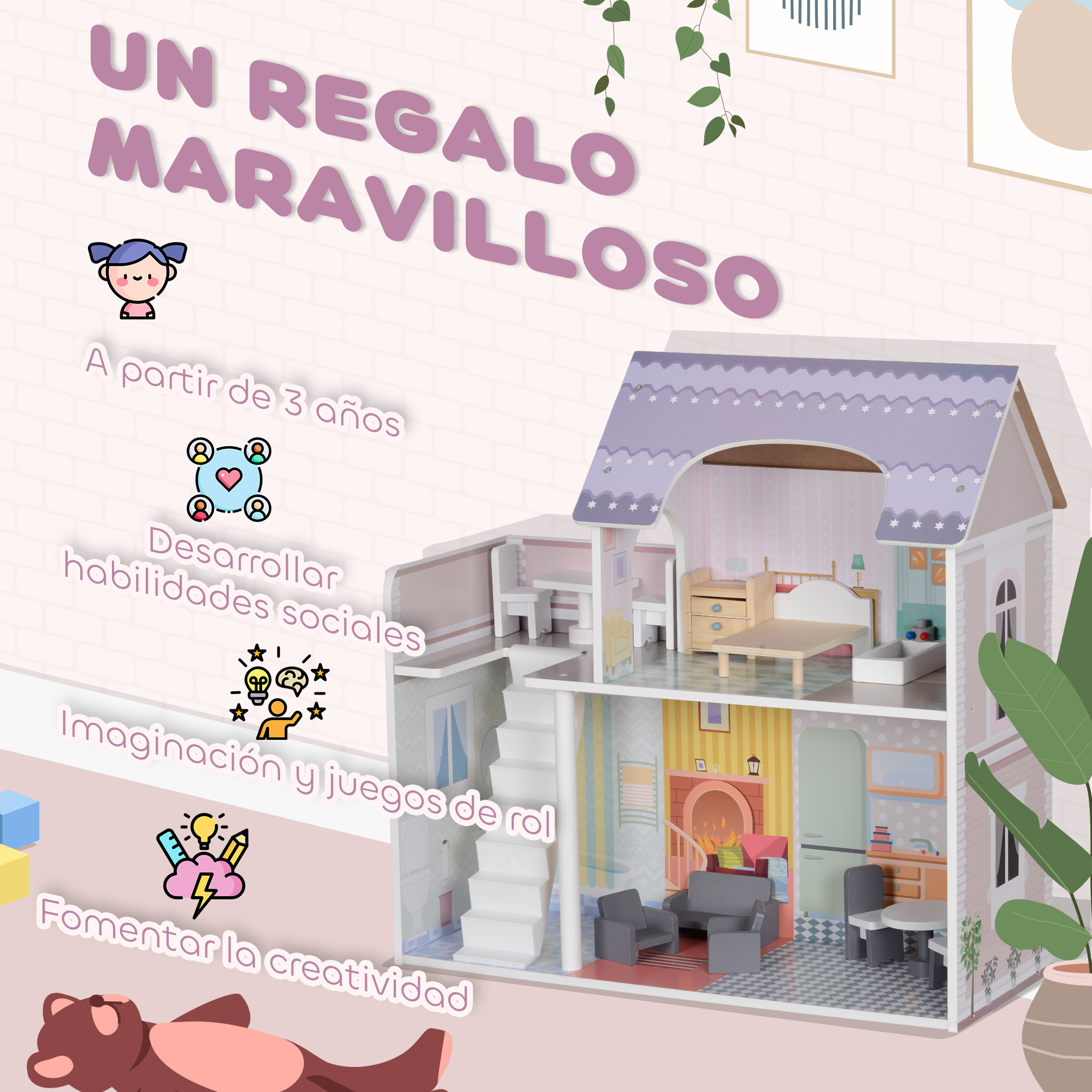 Casa de muñecas con frente abierto, texto en español y dibujos. Fondo blanco.