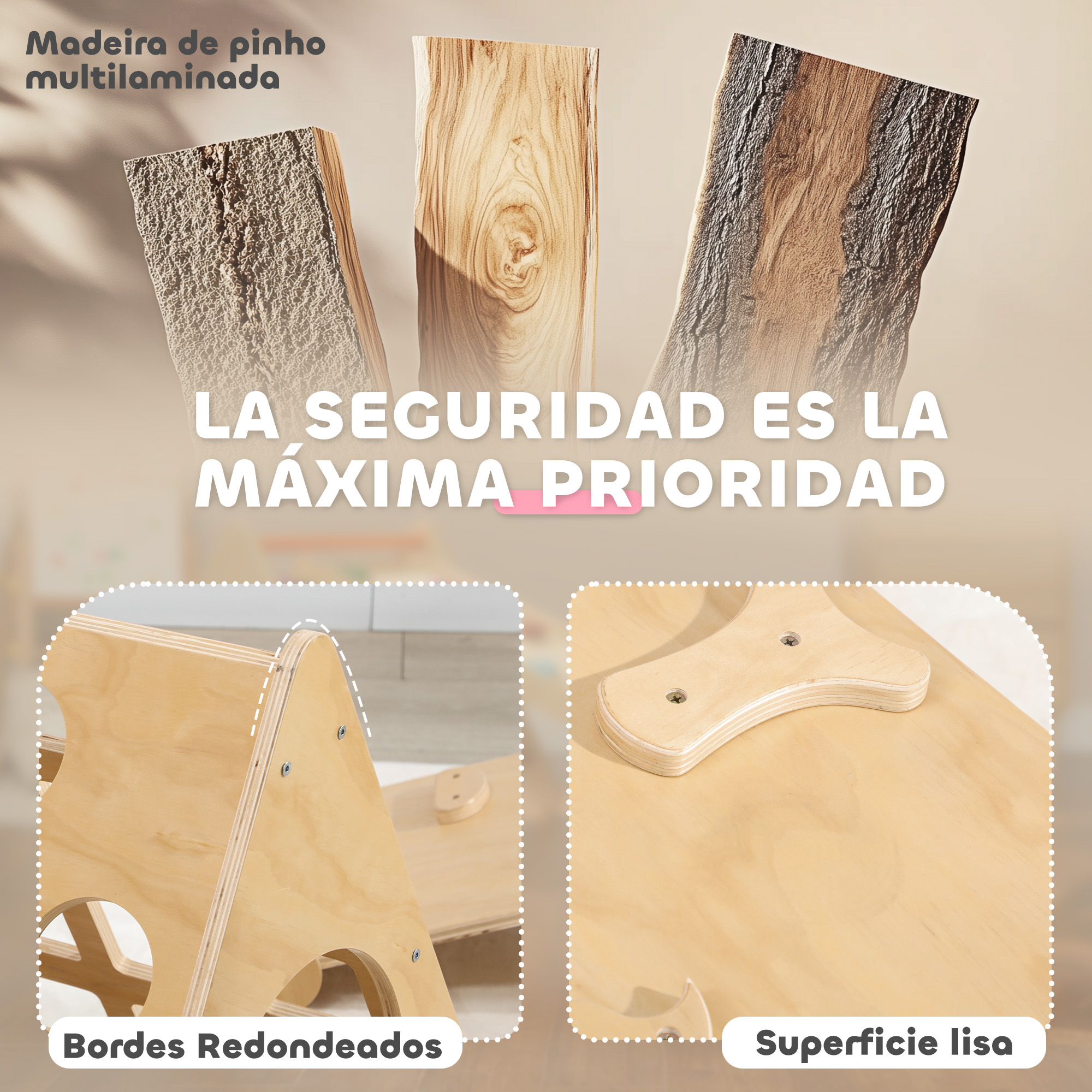 Bloques de madera con texto sobre seguridad y bordes redondeados sobre fondo azul.