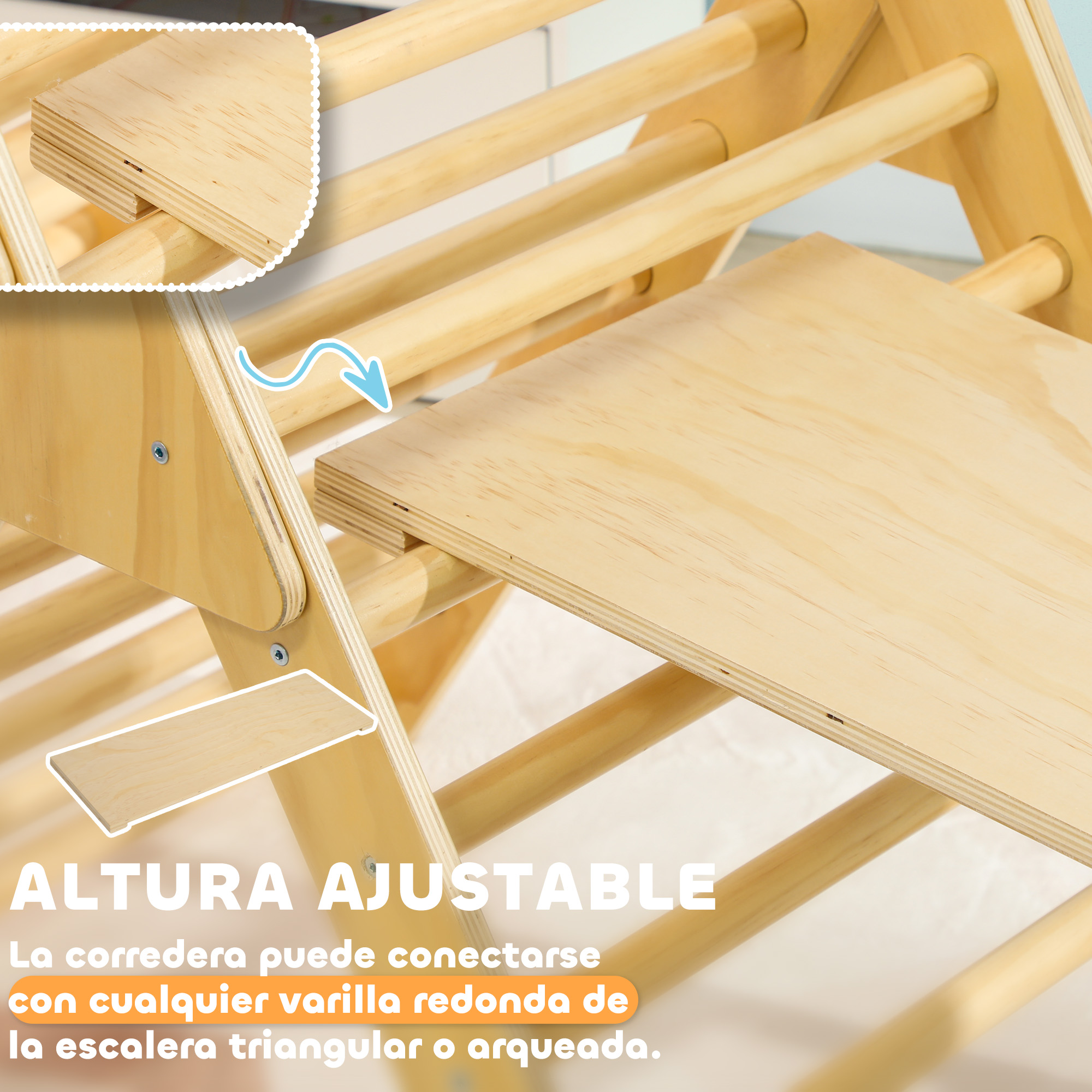 Marco de escalada Montessori de madera con una imagen insertada que muestra la altura ajustable.