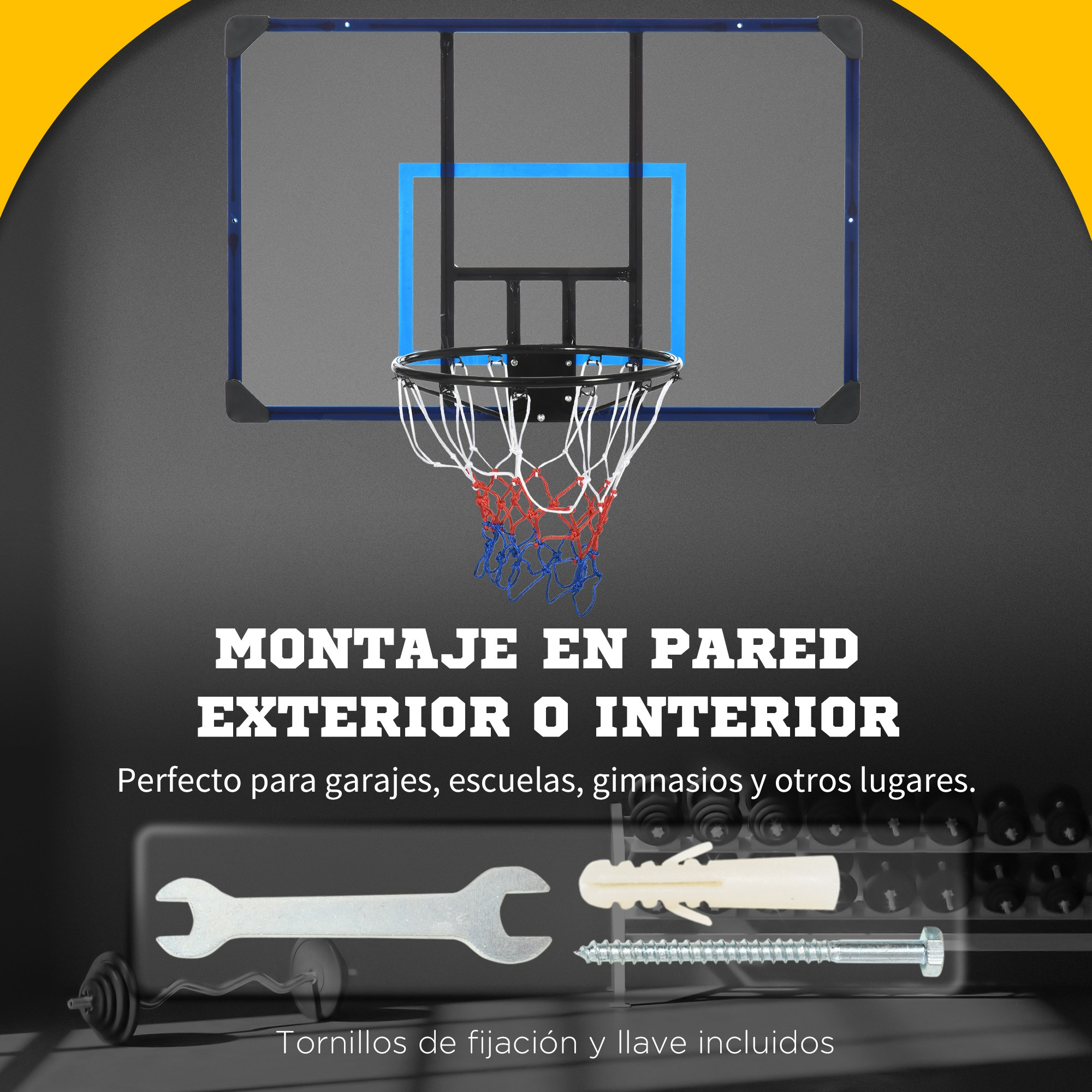 Canasta de baloncesto sobre fondo negro y azul con texto sobre montaje.
