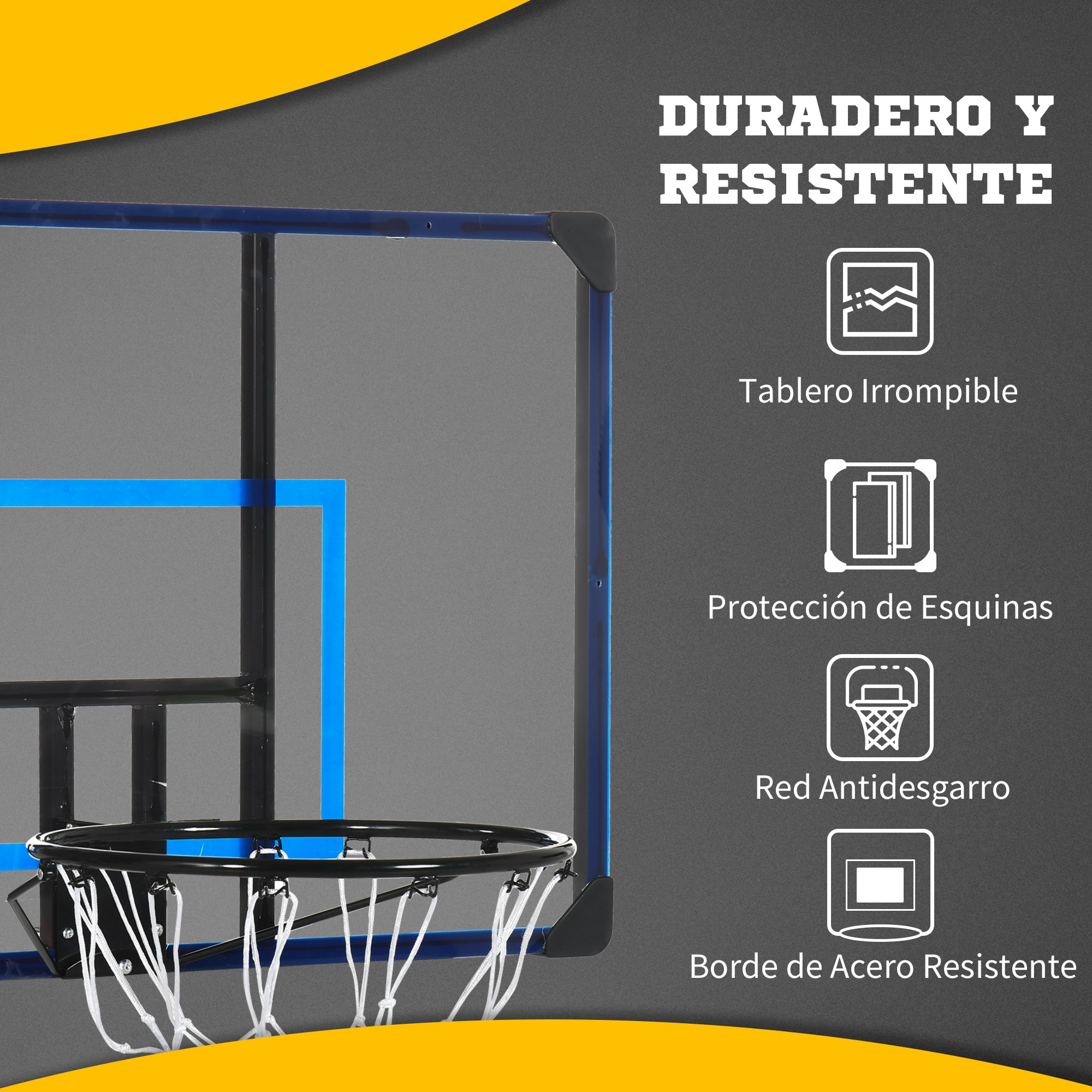 Aro de baloncesto con texto sobre durabilidad y características irrompibles.