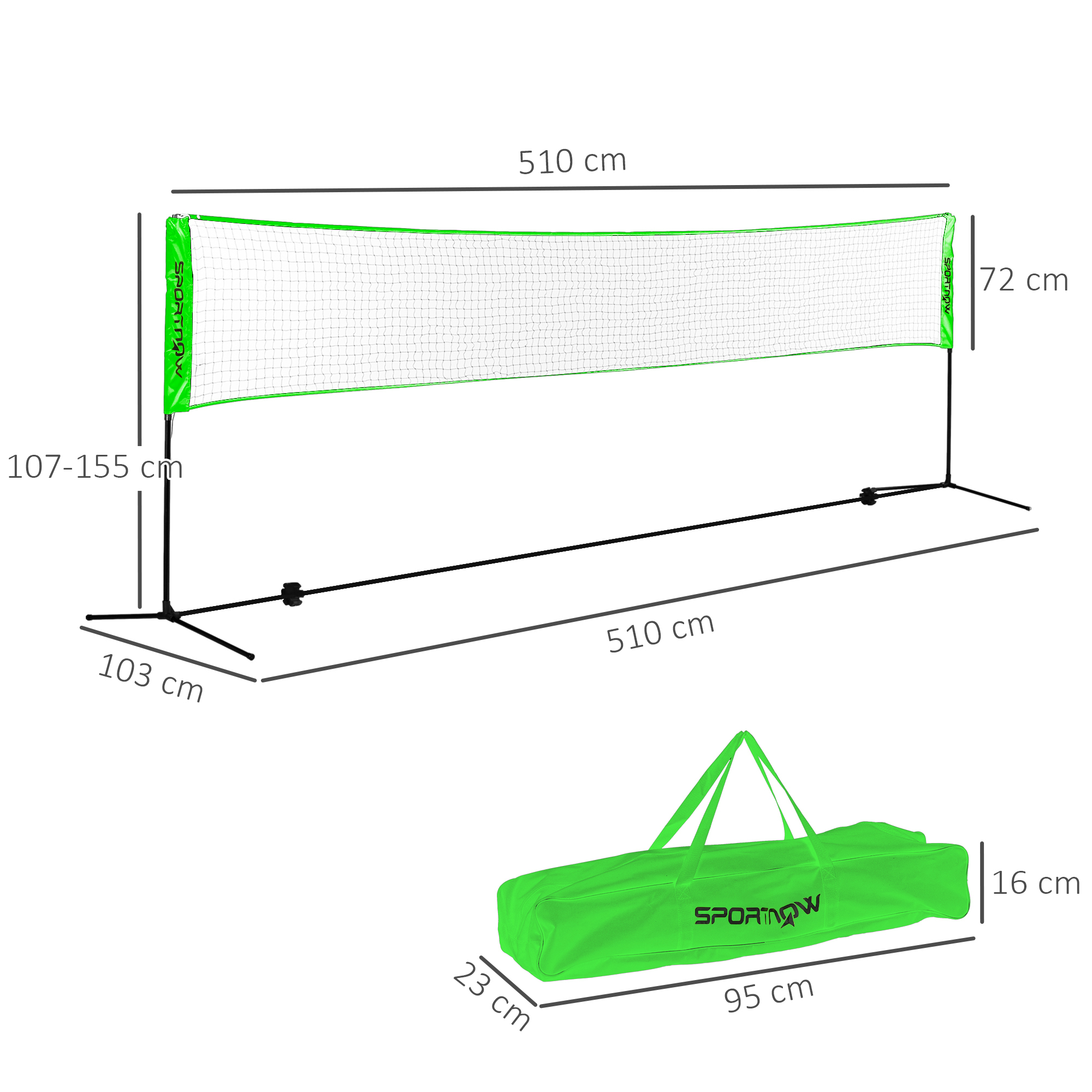 Un juego de red de bádminton verde con dimensiones sobre fondo blanco. También se muestra una bolsa verde.