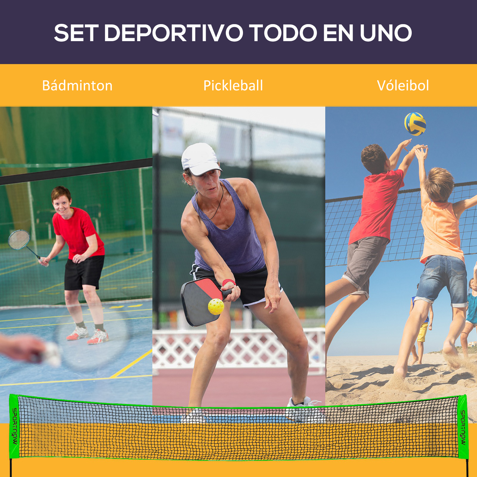 Un conjunto deportivo, que incluye bádminton, pickleball y voleibol. Varias personas están jugando estos deportes.