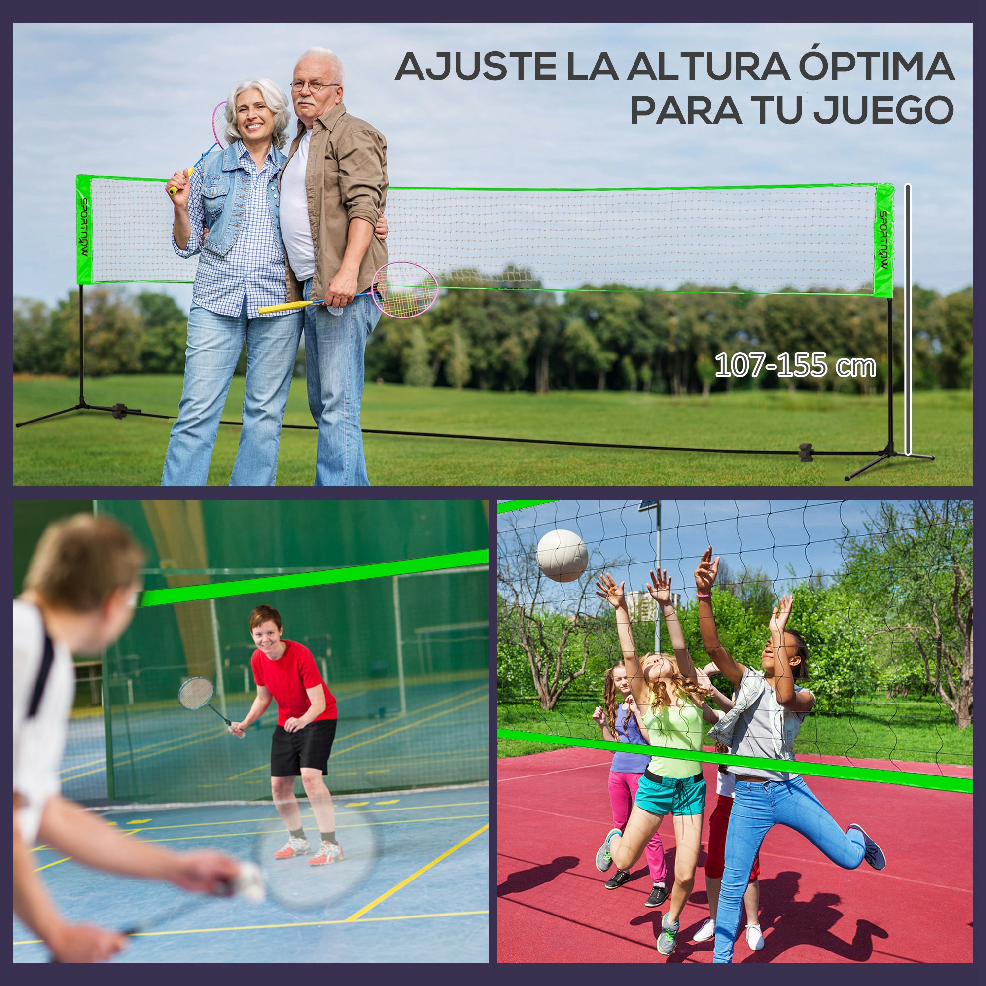 Juego de bádminton con red, una pareja y niños jugando. La red es ajustable en altura.