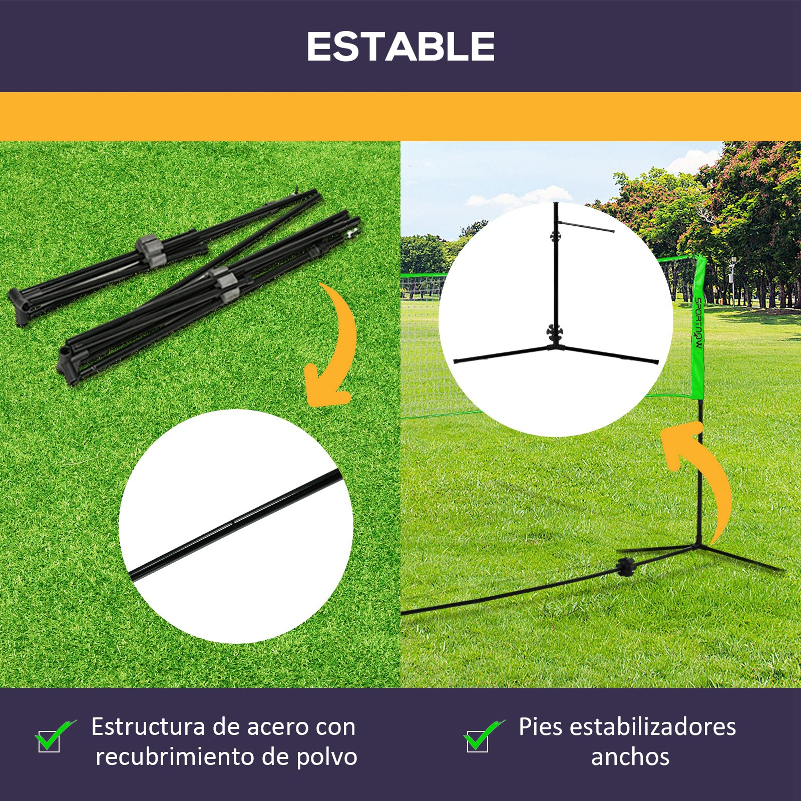 Dos imágenes muestran un campo de hierba verde con equipamiento deportivo. Tiene un marco negro y una red.
