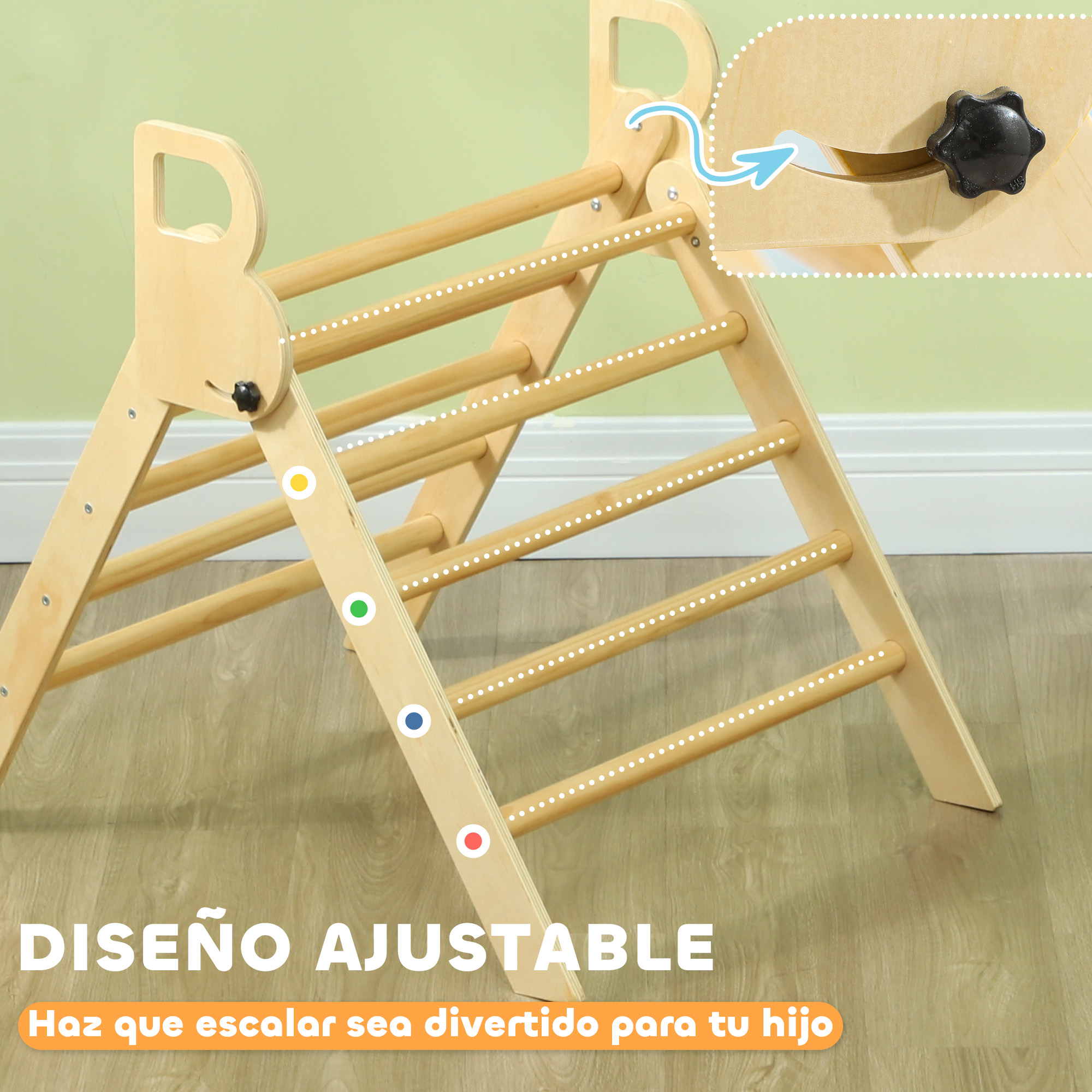 Se muestra un triángulo de escalada de madera con diseño ajustable. Un tornillo negro se muestra en la parte superior.