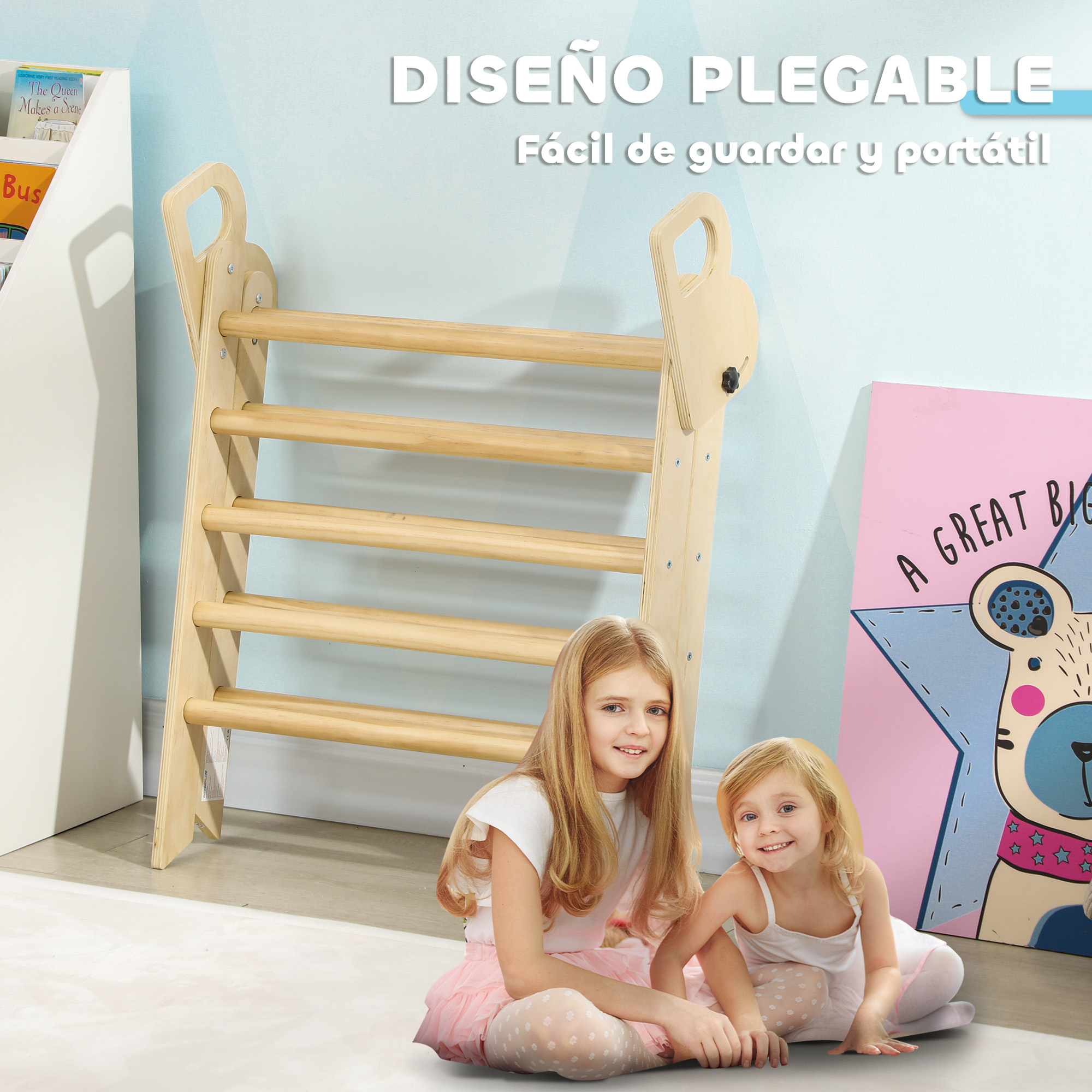 Estructura de escalada de madera con dos niñas delante. Pintura y libros en el fondo.