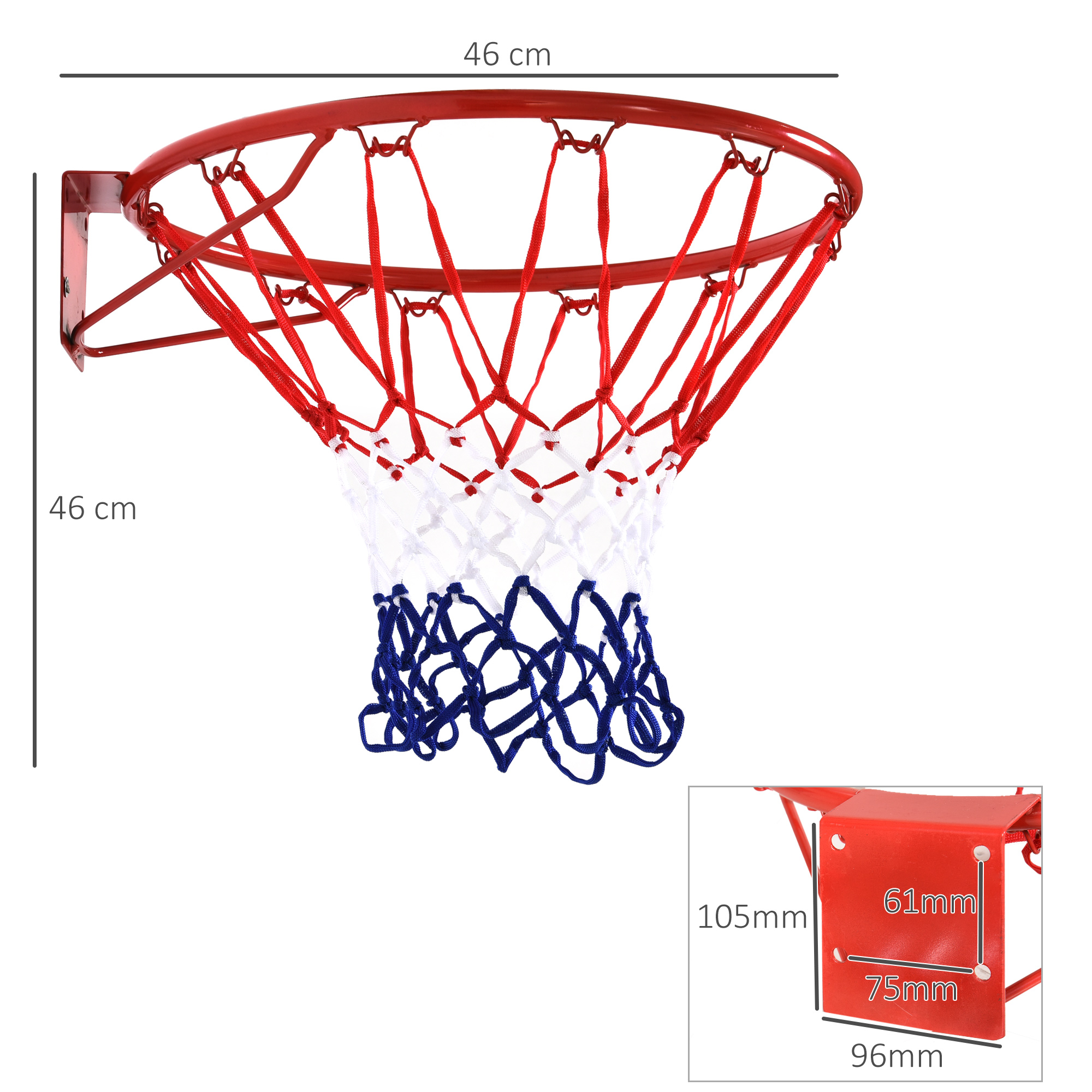 Aro de baloncesto con borde rojo, red blanca y azul, y dimensiones. Fondo blanco.