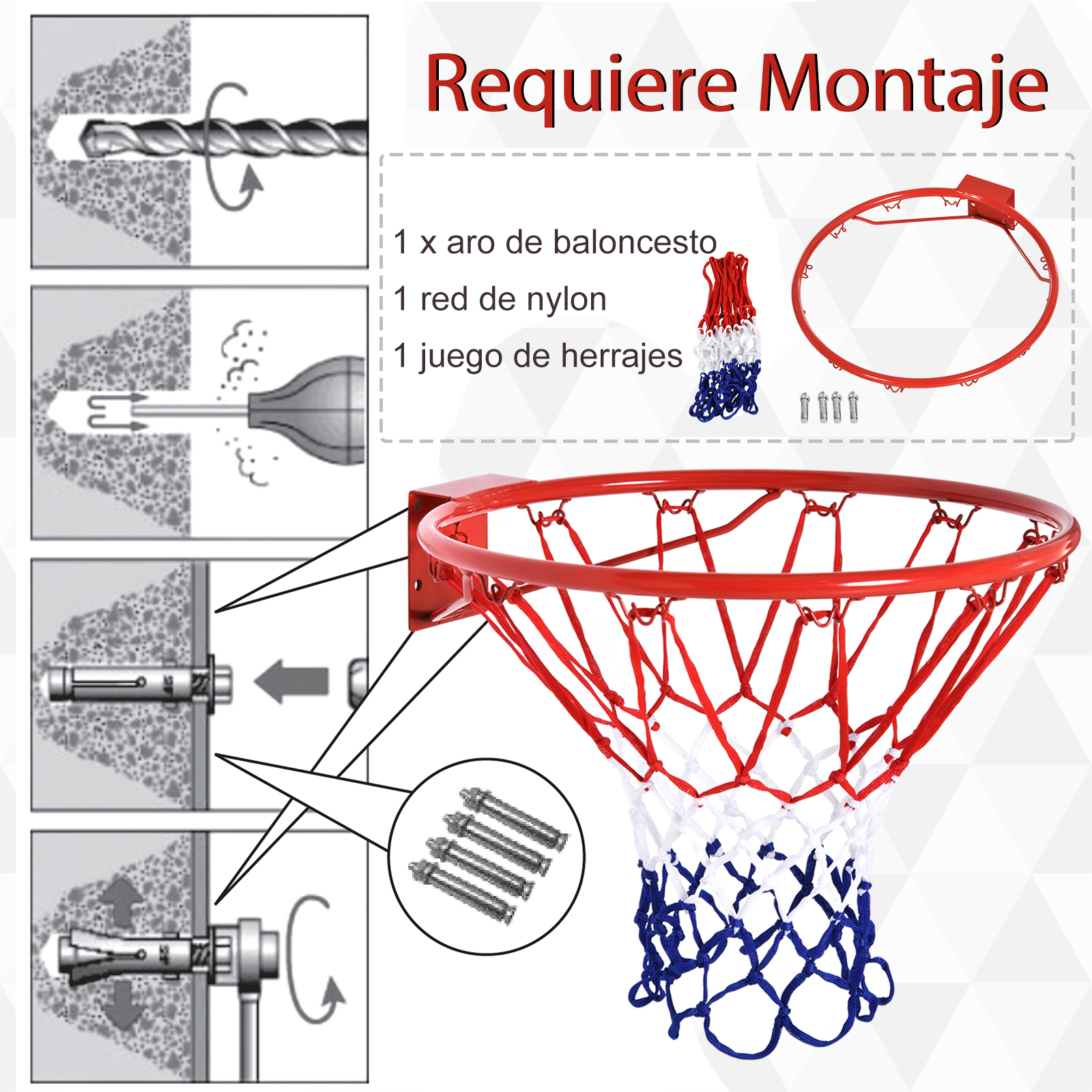 Diagrama de un aro de baloncesto, red e instrucciones de instalación.