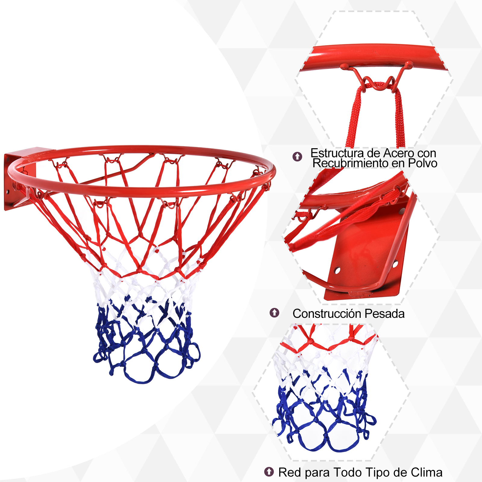 Canasta de baloncesto roja y blanca con red. Se muestran detalles de la estructura y construcción.