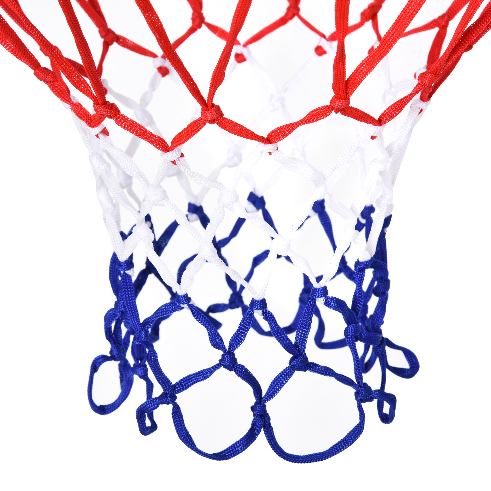 Red de baloncesto: red roja, blanca y azul, primer plano sobre fondo blanco.