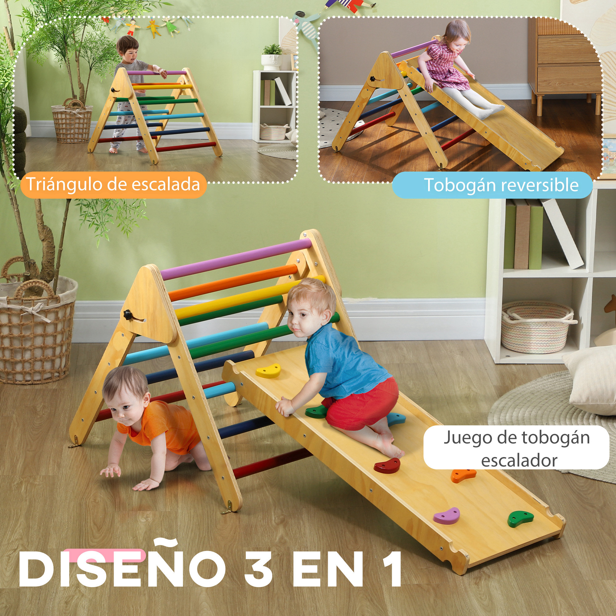 Niños jugando en una estructura de escalada de madera, con superposiciones de texto en español.