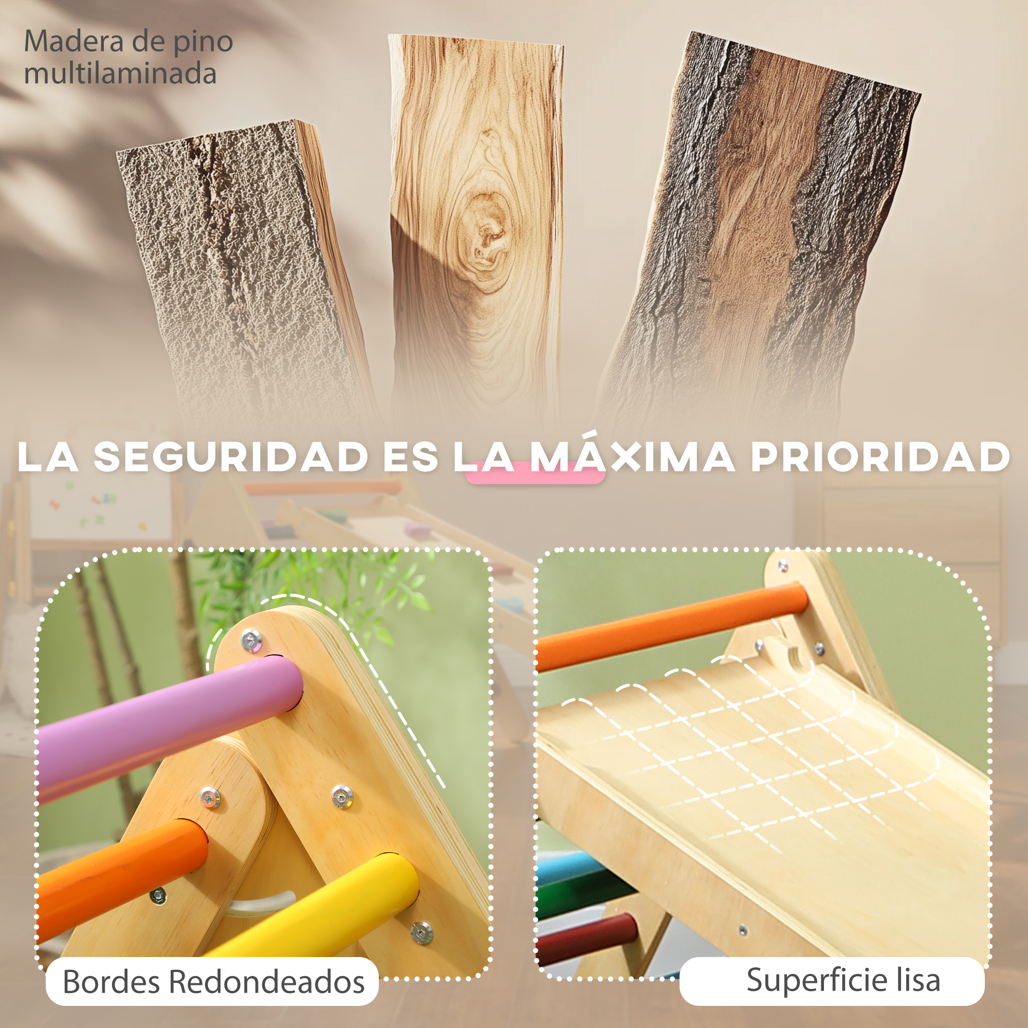 Tablas de madera con texto en español, primeros planos de una estructura de escalada para niños.