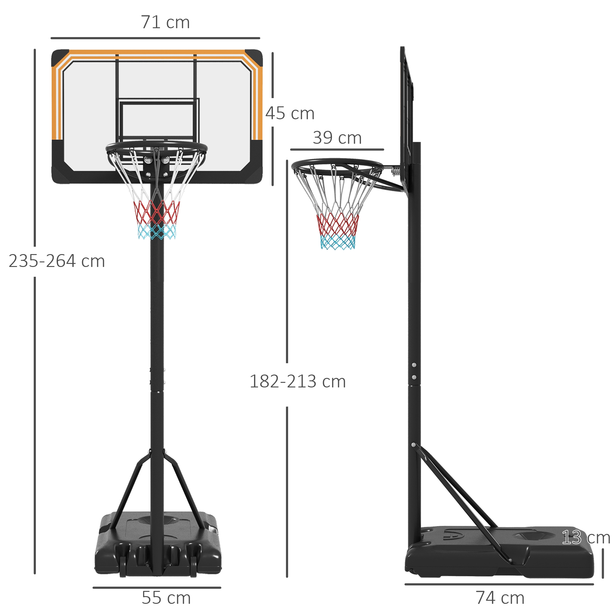 Ein Basketballkorb mit Maßen, auf schwarzer Basis, auf weißem Hintergrund.