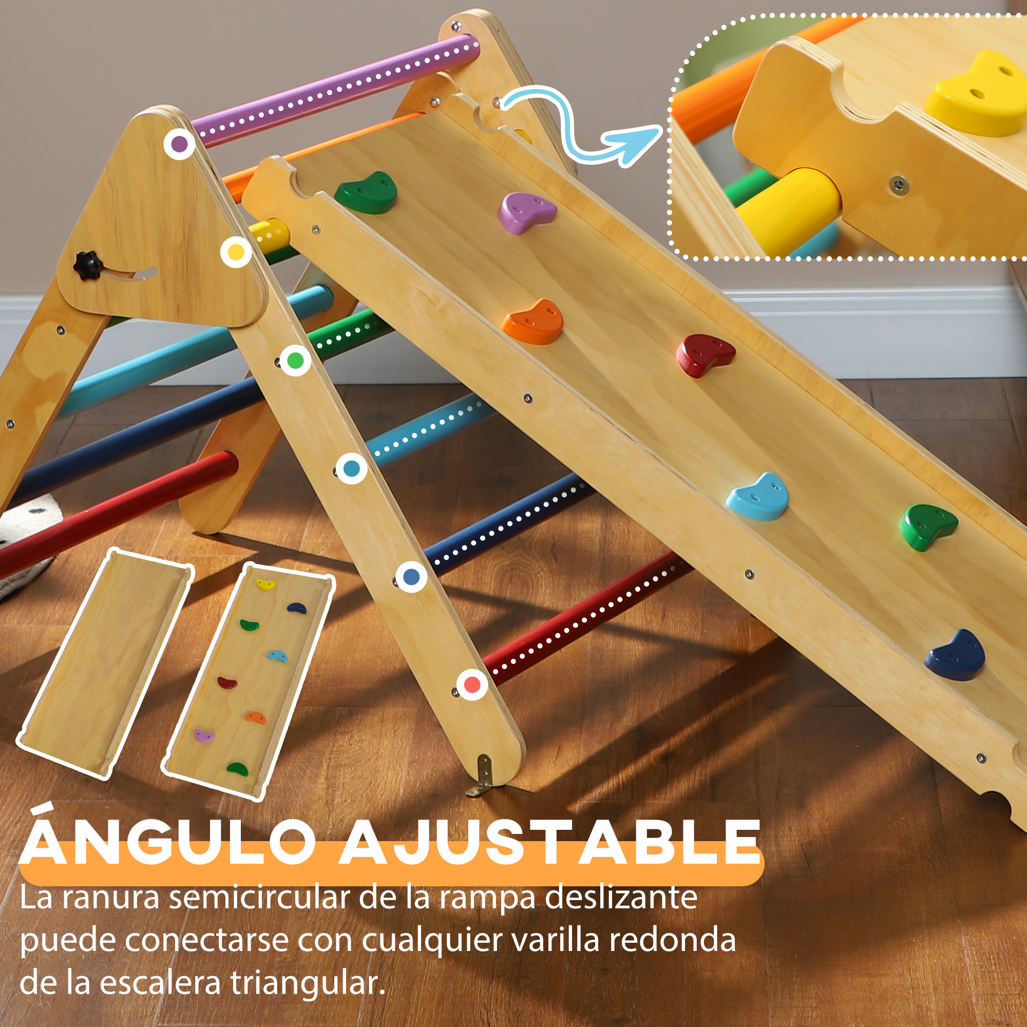 Estructura de escalada de madera con tobogán y presas. El tobogán está inclinado, con palabras en español.