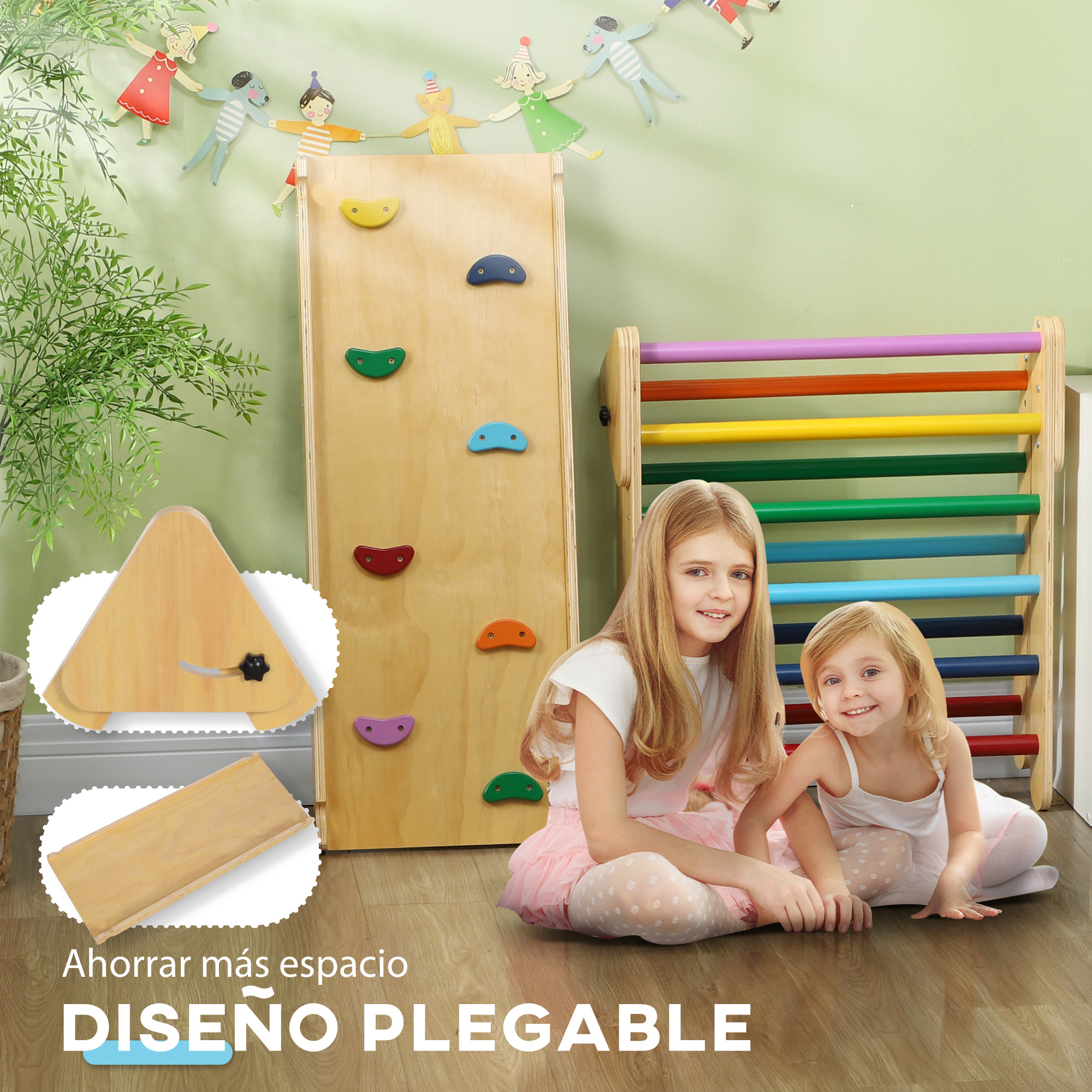 Dos niñas cerca de una estructura de escalada. Marco de madera y peldaños coloridos. Texto: Diseño Plegable.