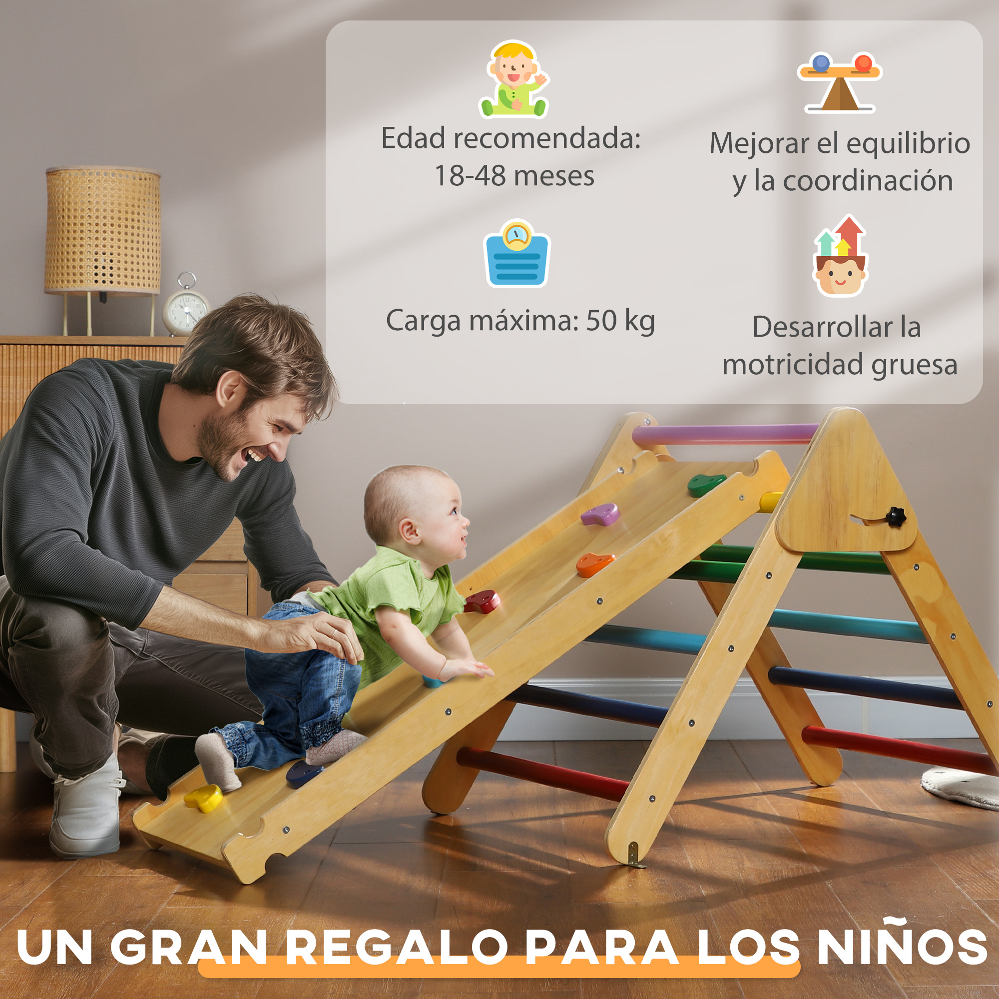 Un hombre y un bebé jugando en una estructura de escalada de madera. El texto indica edad y beneficios.