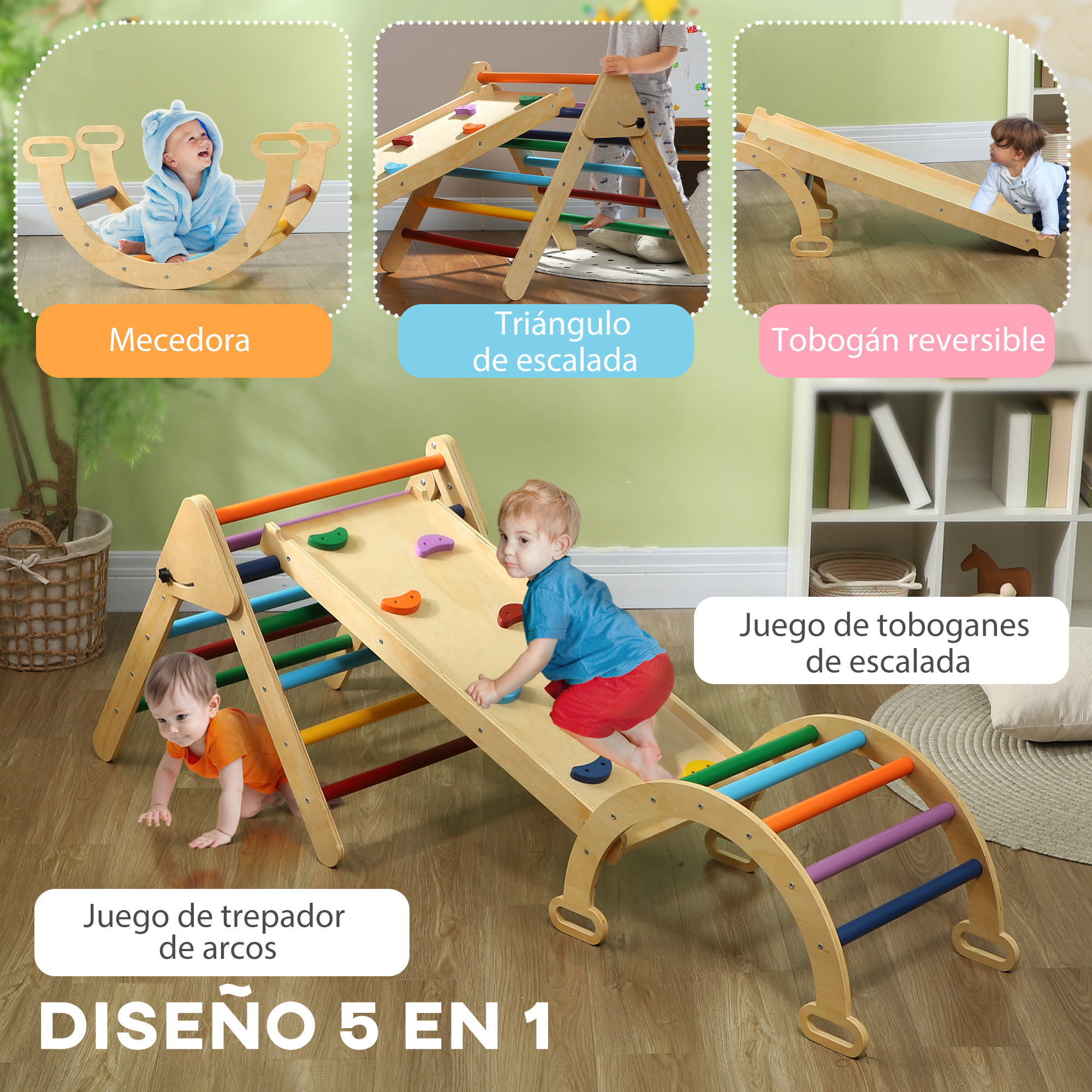 Juego para niños pequeños, con estructuras de escalada de madera, tobogán y balancín. Niños jugando.
