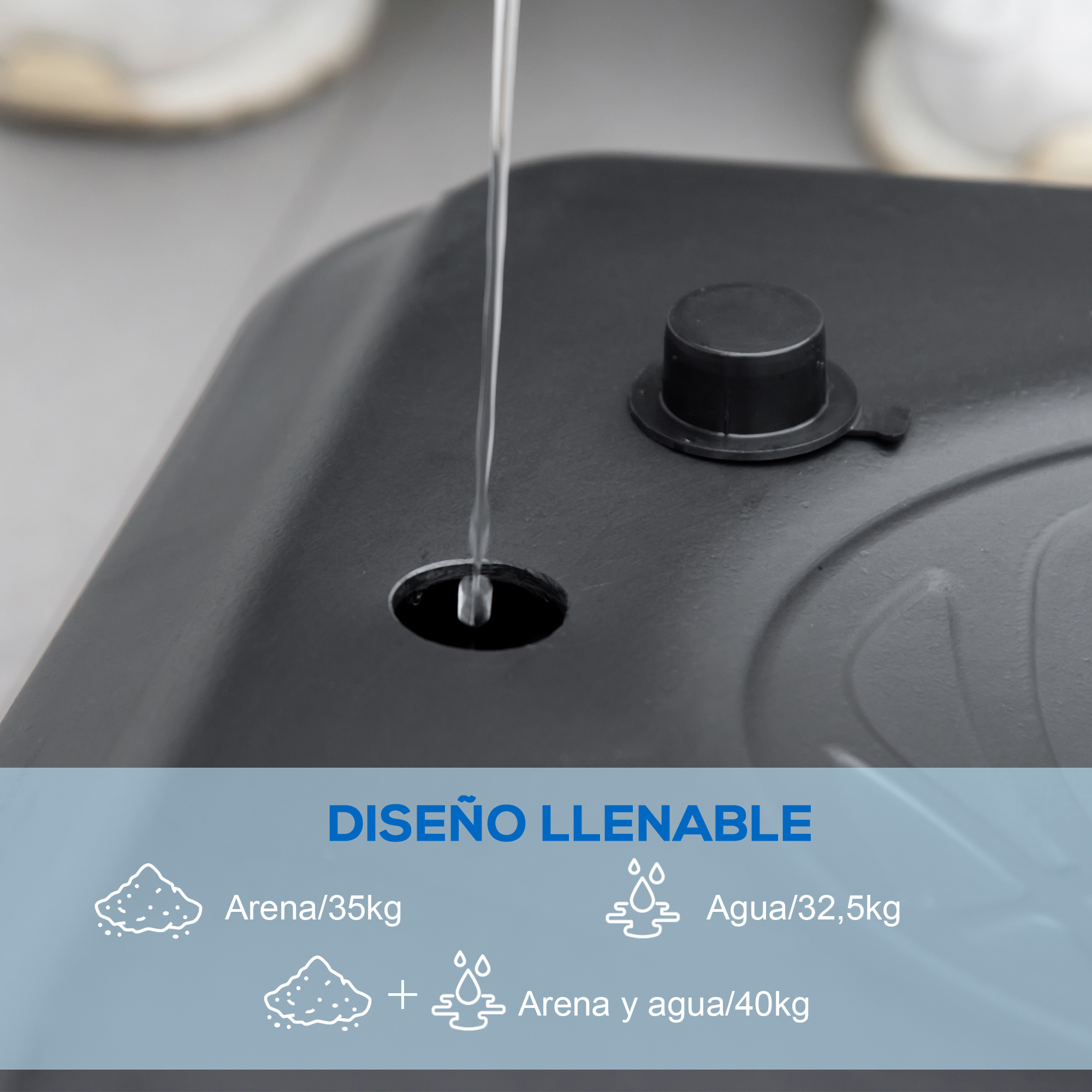 Base negra con agua vertiéndose, marcada para llenado de arena y agua. Incluye etiquetas.