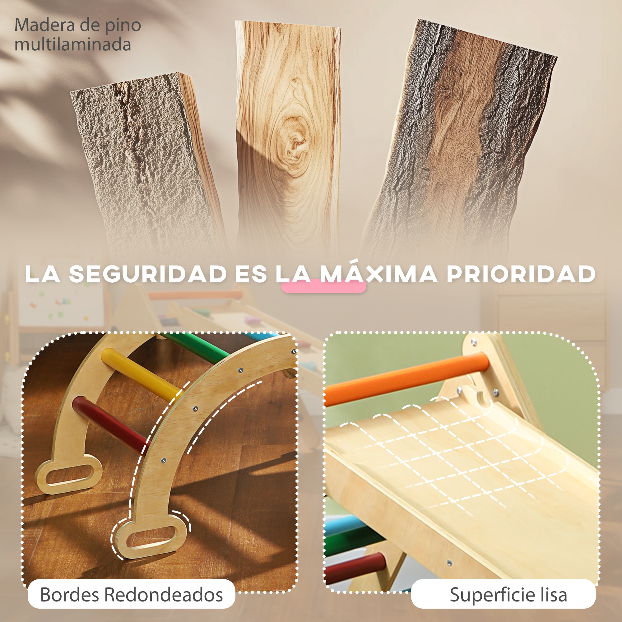 Juego de madera con escaleras y tobogán. La seguridad es prioridad.