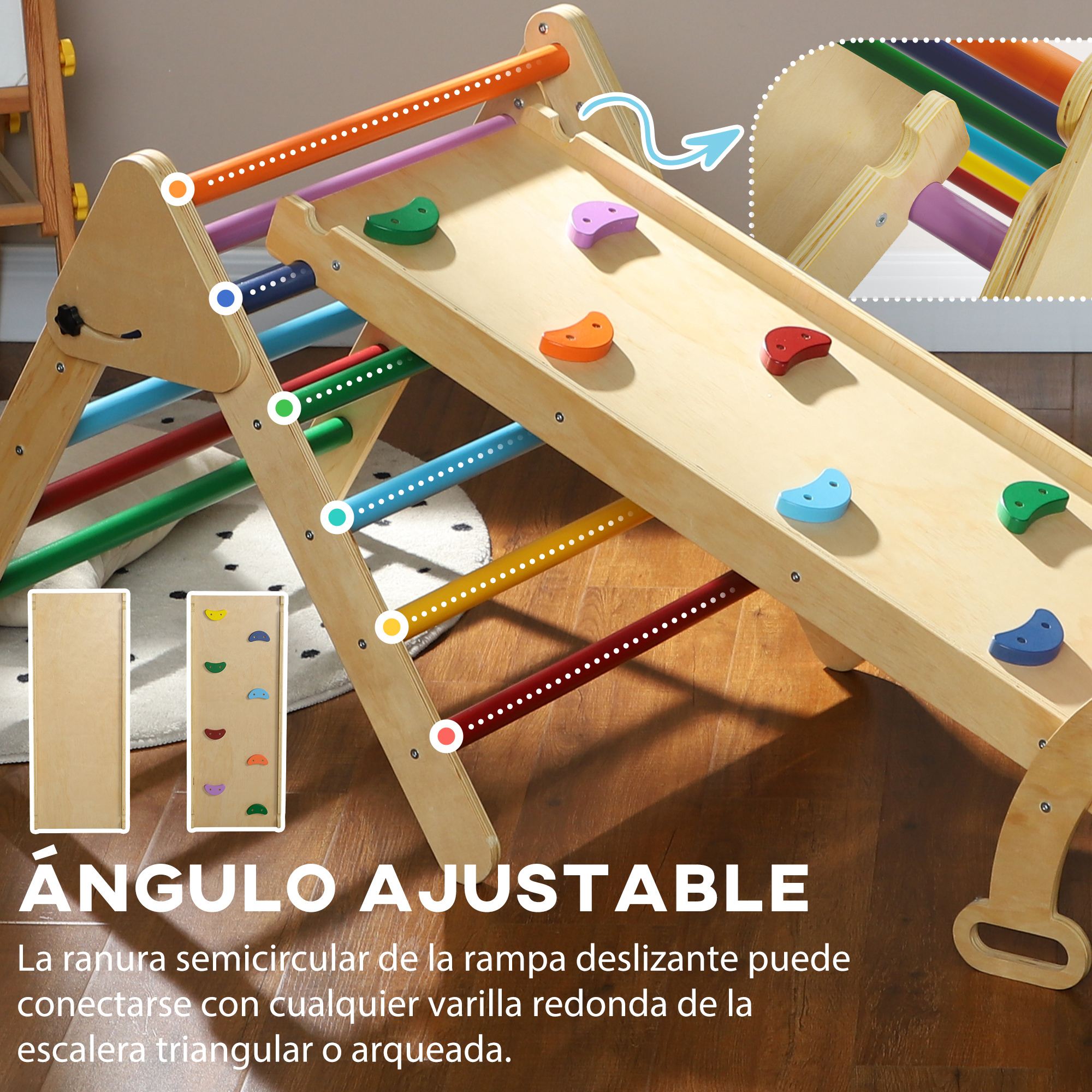 Estructura de escalada de madera con rampa ajustable, agarres coloridos y texto español.