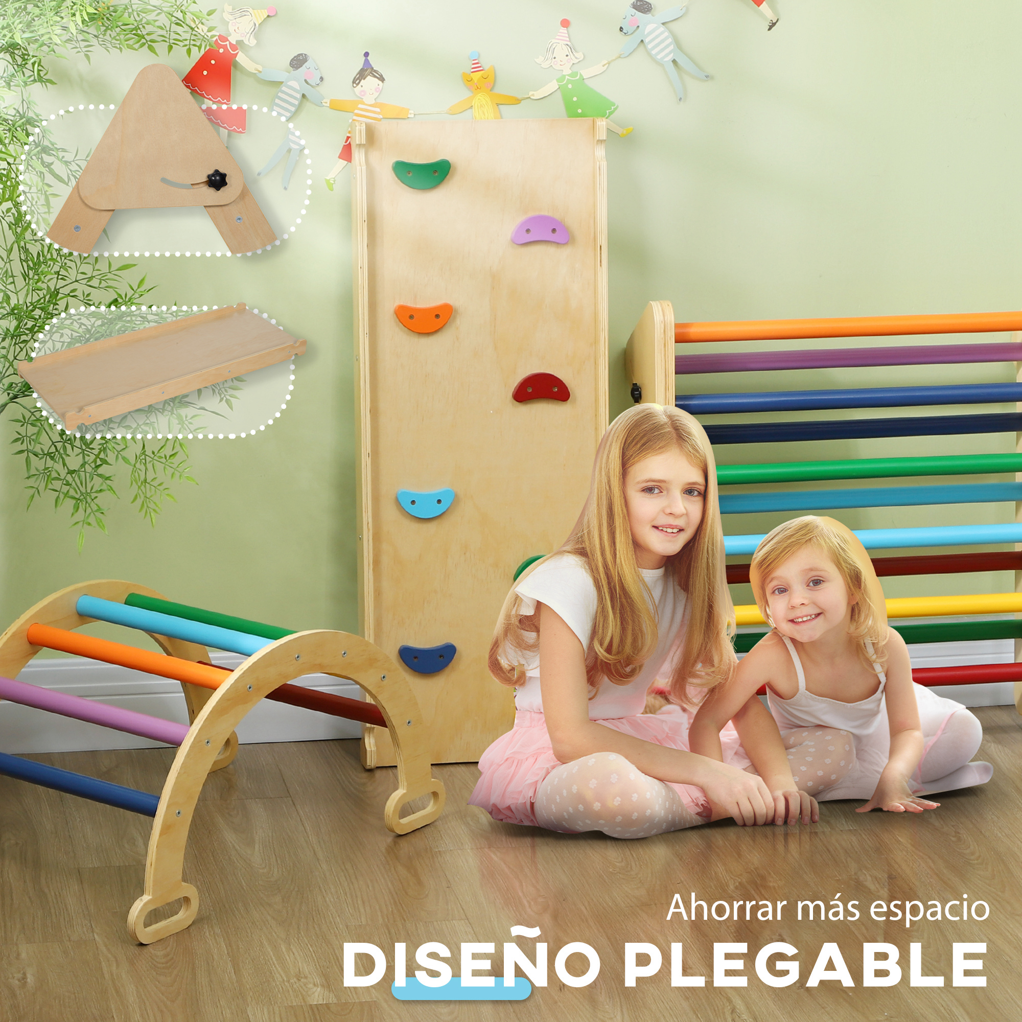 Dos niñas sentadas junto a un trepador de madera. El texto 'DISEÑO PLEGABLE' es visible.