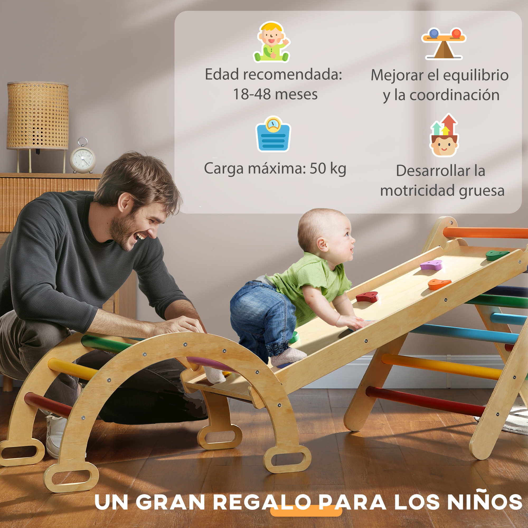 Padre y bebé jugando en arco de escalada de madera, cajas de texto con detalles.