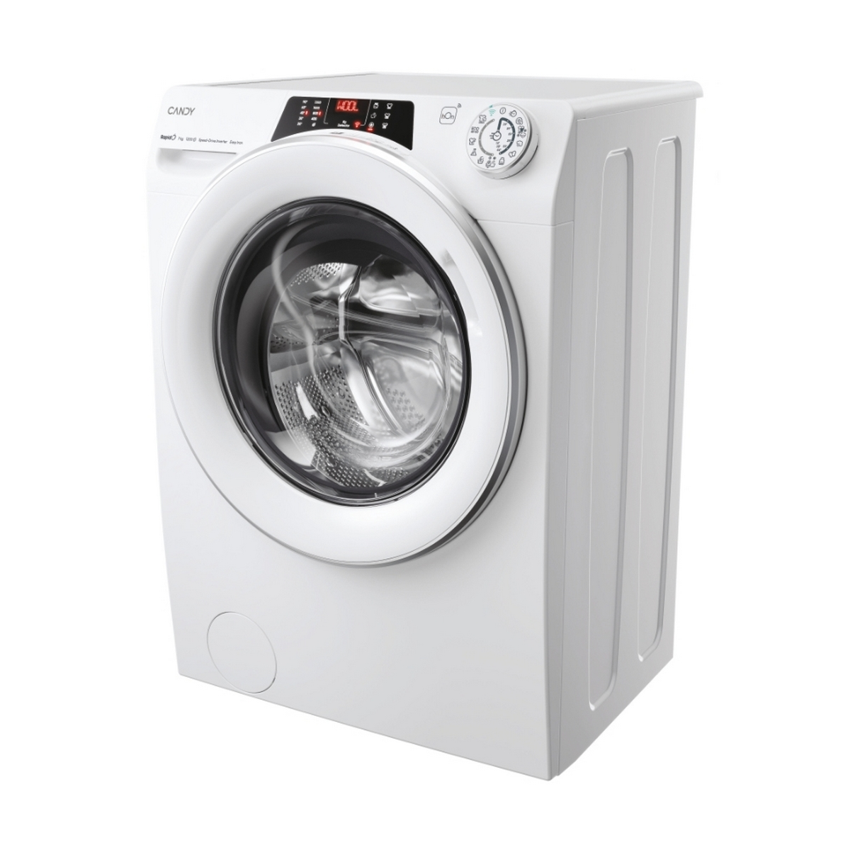 Biała pralka, widok pod kątem. Ma okrągłe drzwi i panel sterowania z wyświetlaczem.