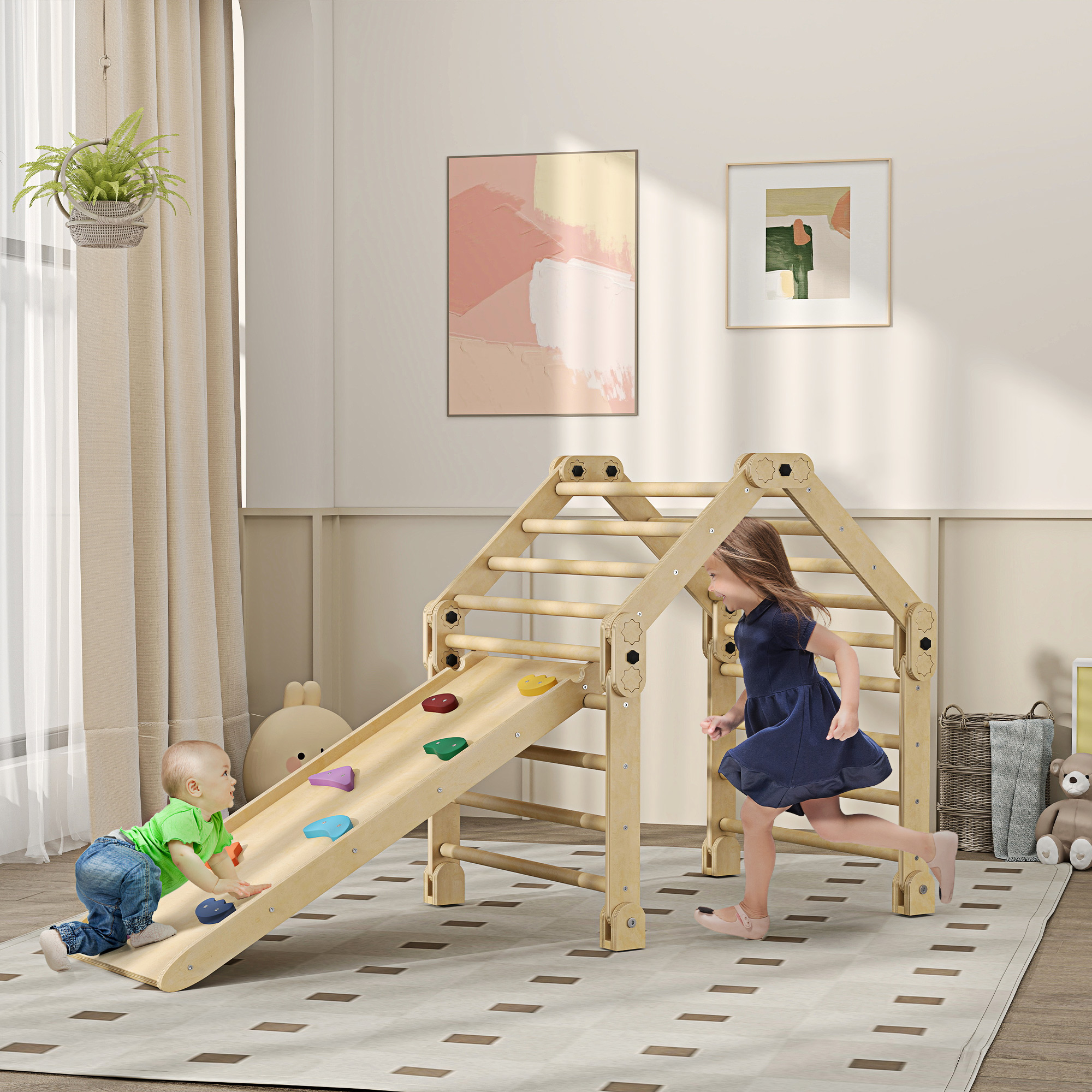 Niños jugando en estructura de escalada de madera con tobogán en habitación luminosa.