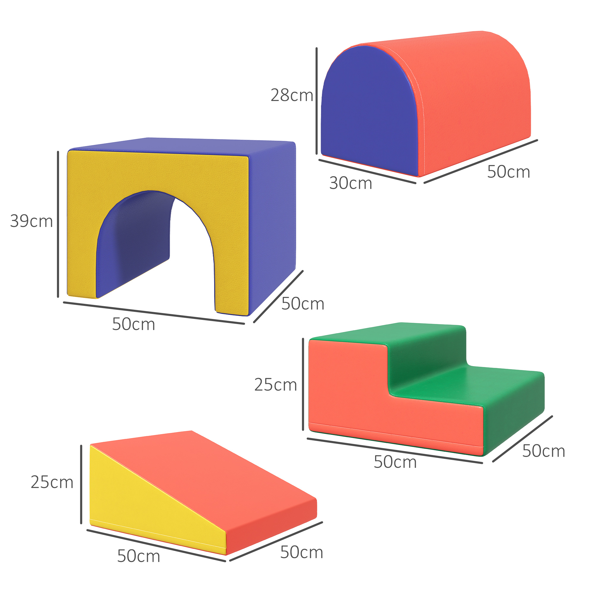 Piezas de juego de espuma coloridas: arco, rampa, escalones y un bloque curvo, con dimensiones en centímetros.