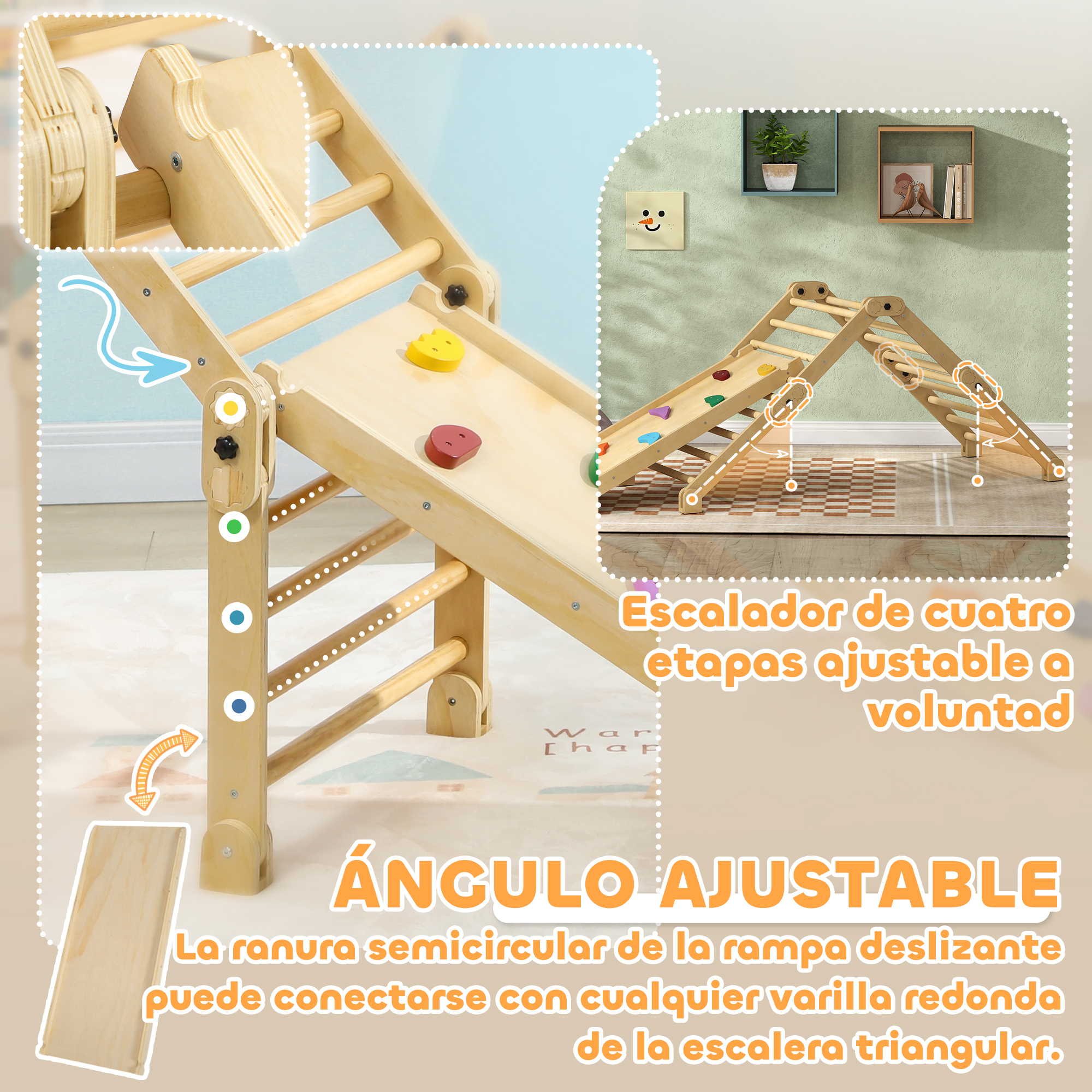 Estructura de escalada de madera con tobogán. Texto en español. Fondo blanco.