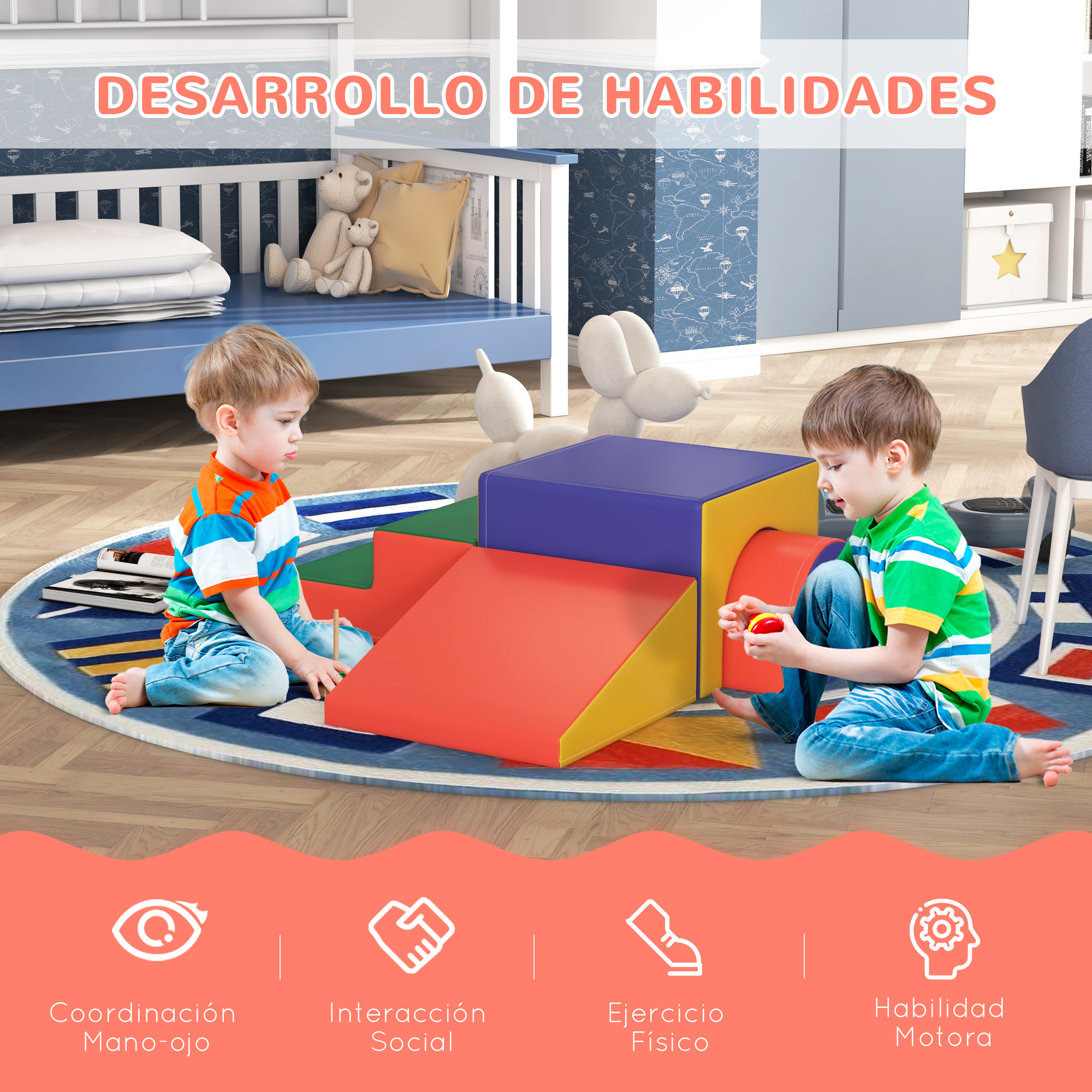 Dos niños pequeños jugando con un juego de espuma colorido. La escena es en interiores con iconos de aprendizaje.