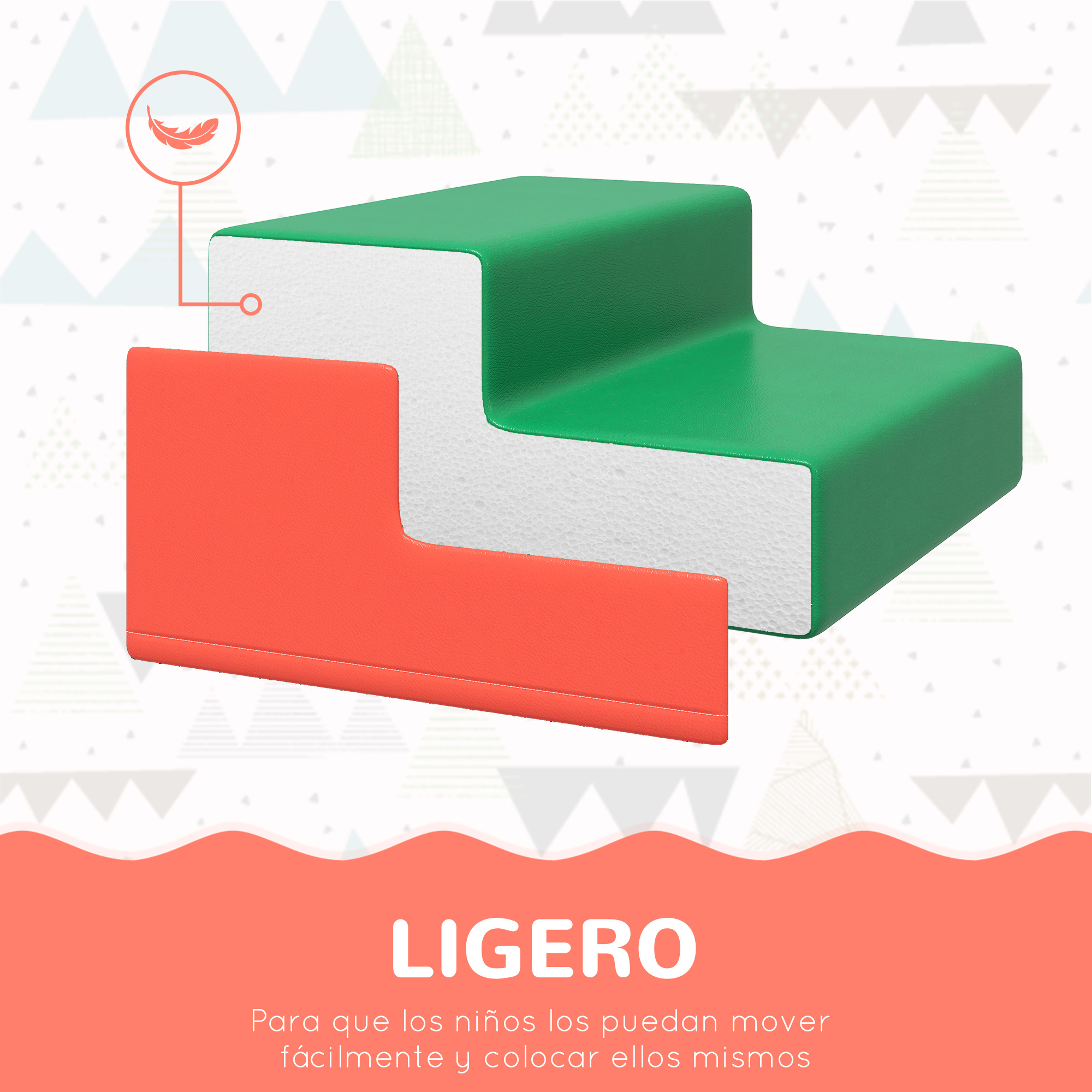 Bloques de espuma naranja y verde con un icono de pluma y el texto: LIGERO.