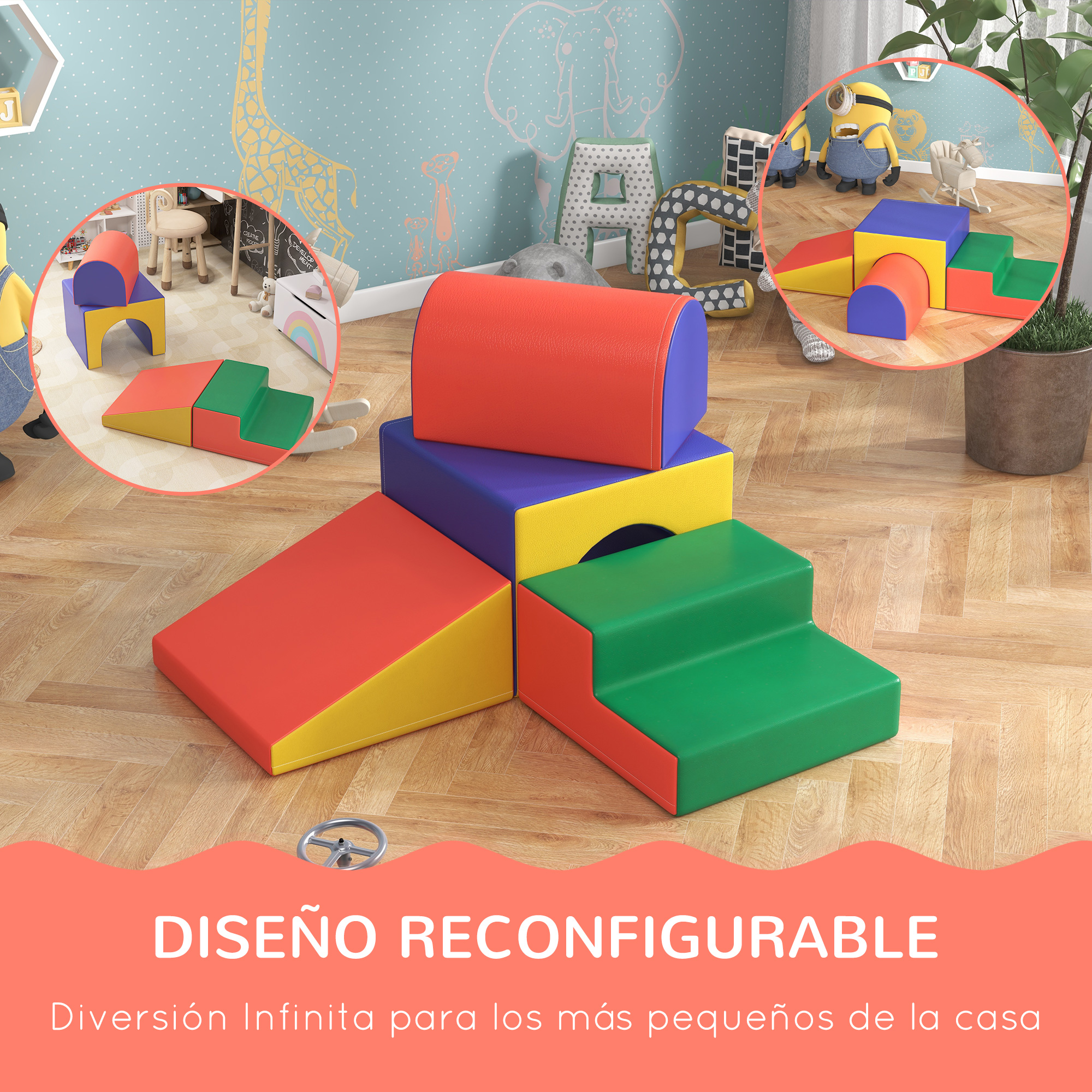 Sala de juegos con bloques de espuma de colores; cilindro rojo, escalones amarillos, formas azules y verdes.