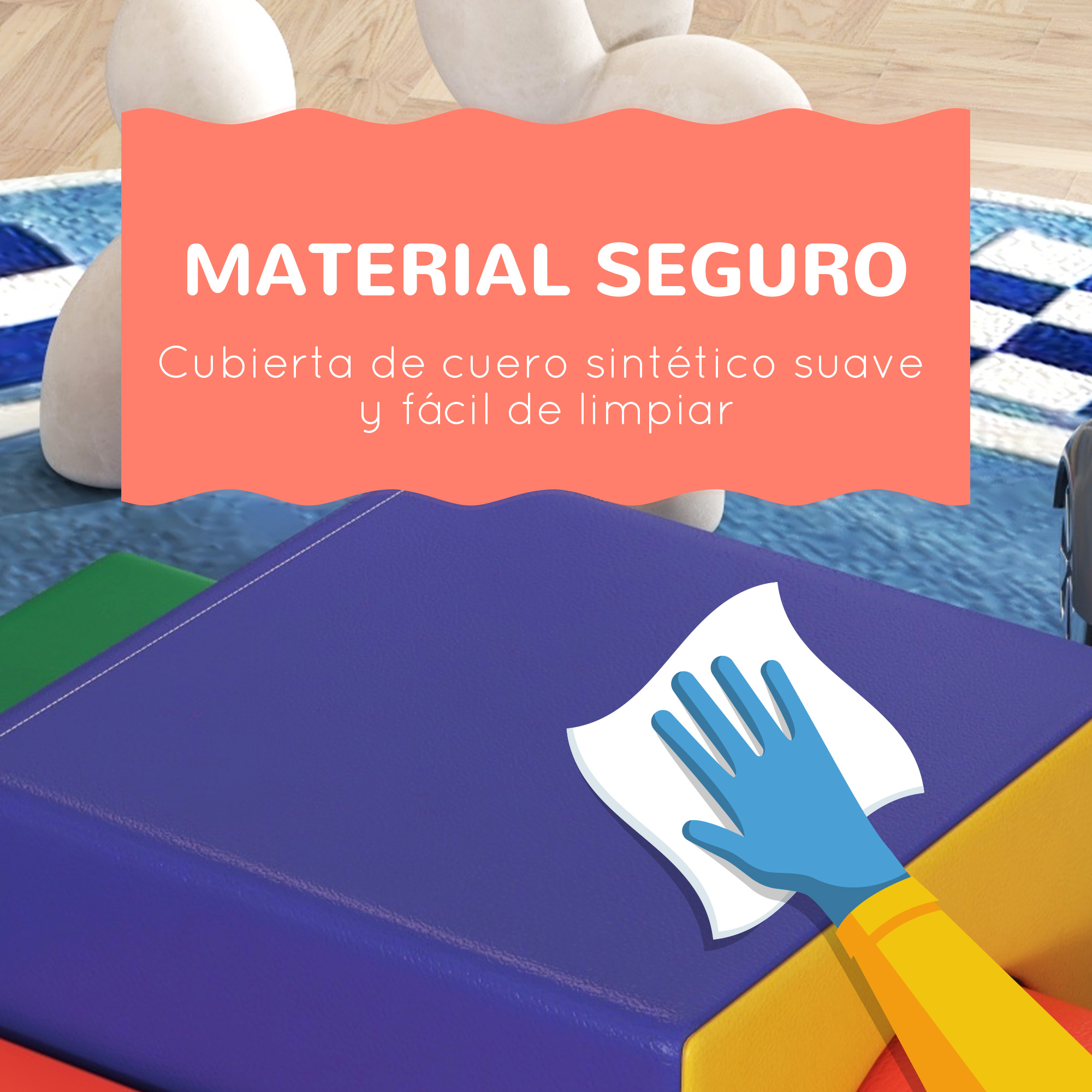 Una mano con un guante azul limpia una superficie azul y morada, con el texto: 'MATERIAL SEGURO' encima.