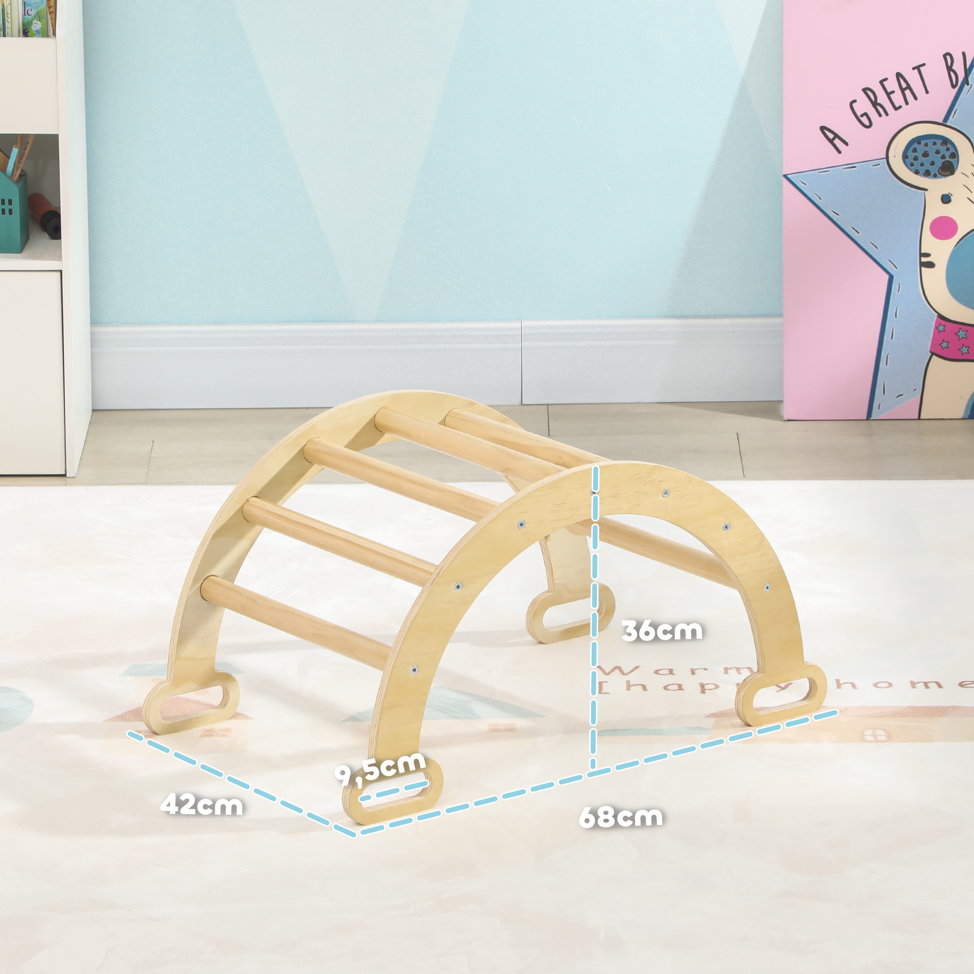 Estructura de escalada de arco de madera, dimensiones etiquetadas. Habitación infantil.