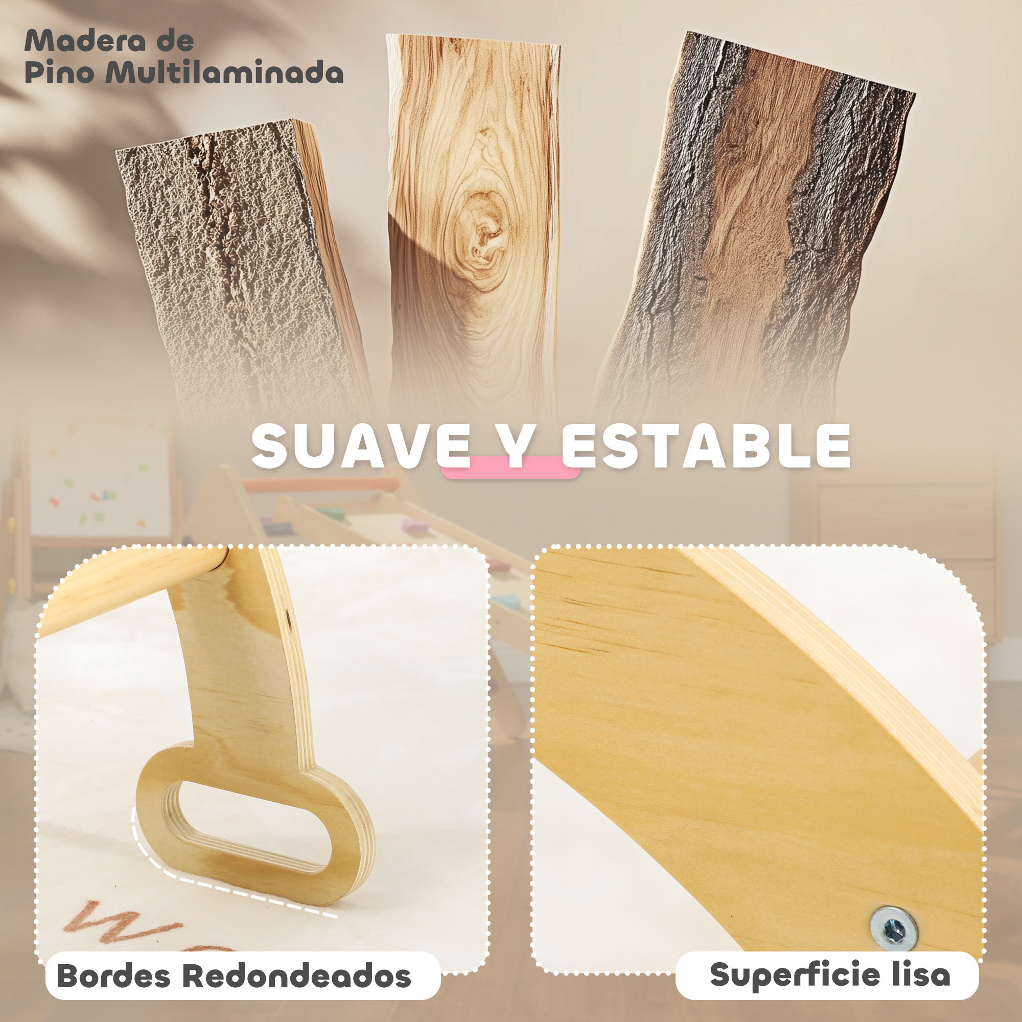 Primer plano de muestras de madera con bordes redondeados y superficie lisa.